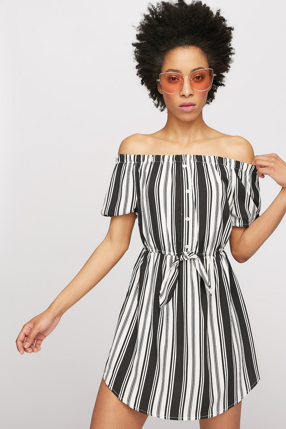 Women Printed Off The Shoulder Button-Up Self-Tie Mini Dress White