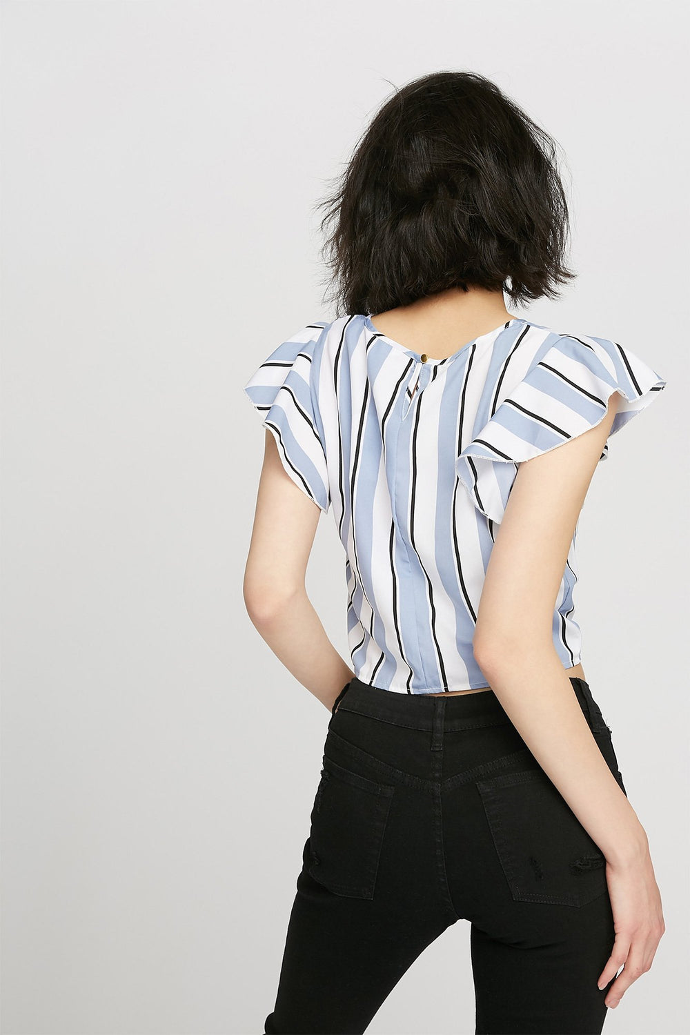 Women Printed Self-Tie Front-Knot Ruffle Cropped Blouse White