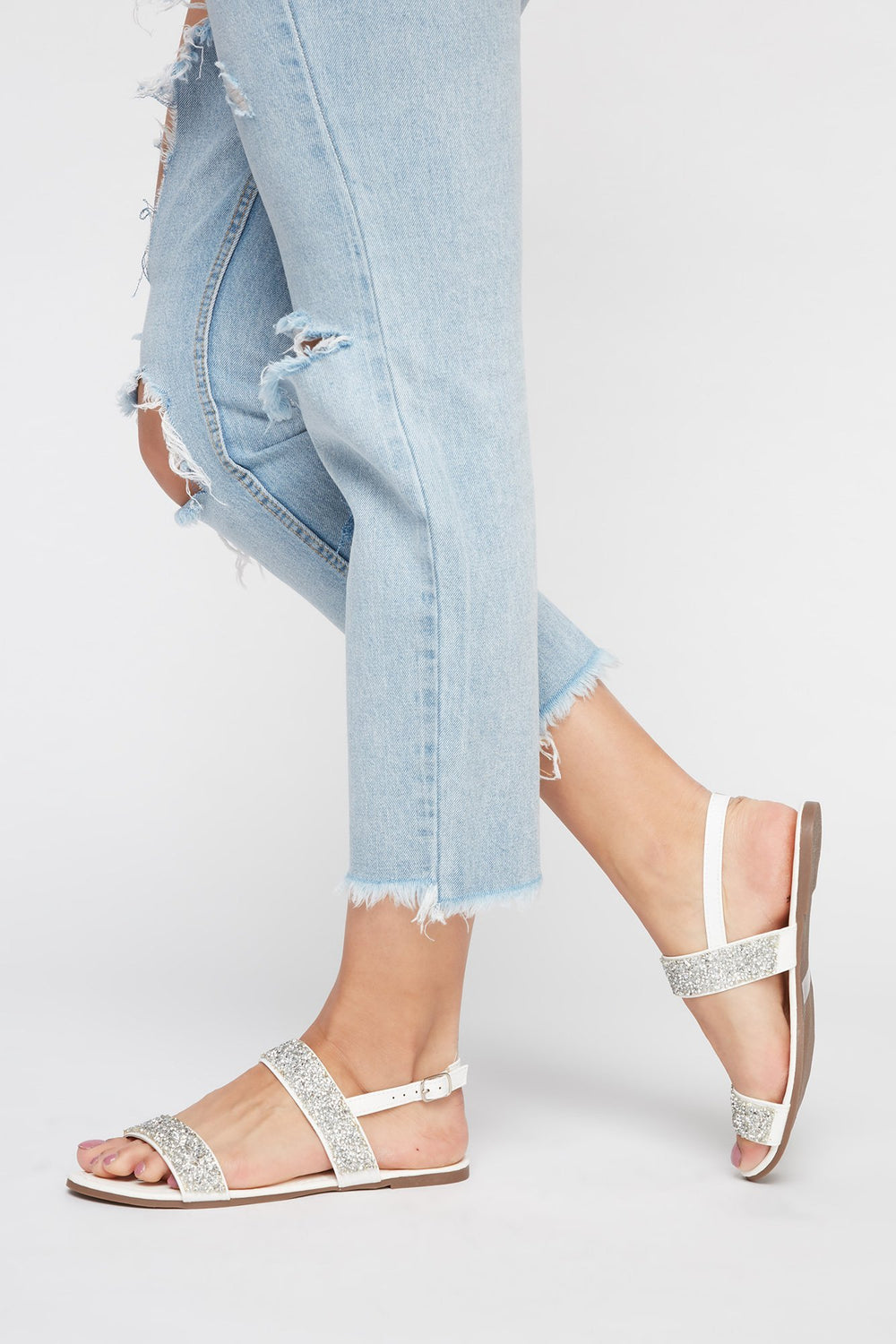 Women Rhinestone Strap Sandal White
