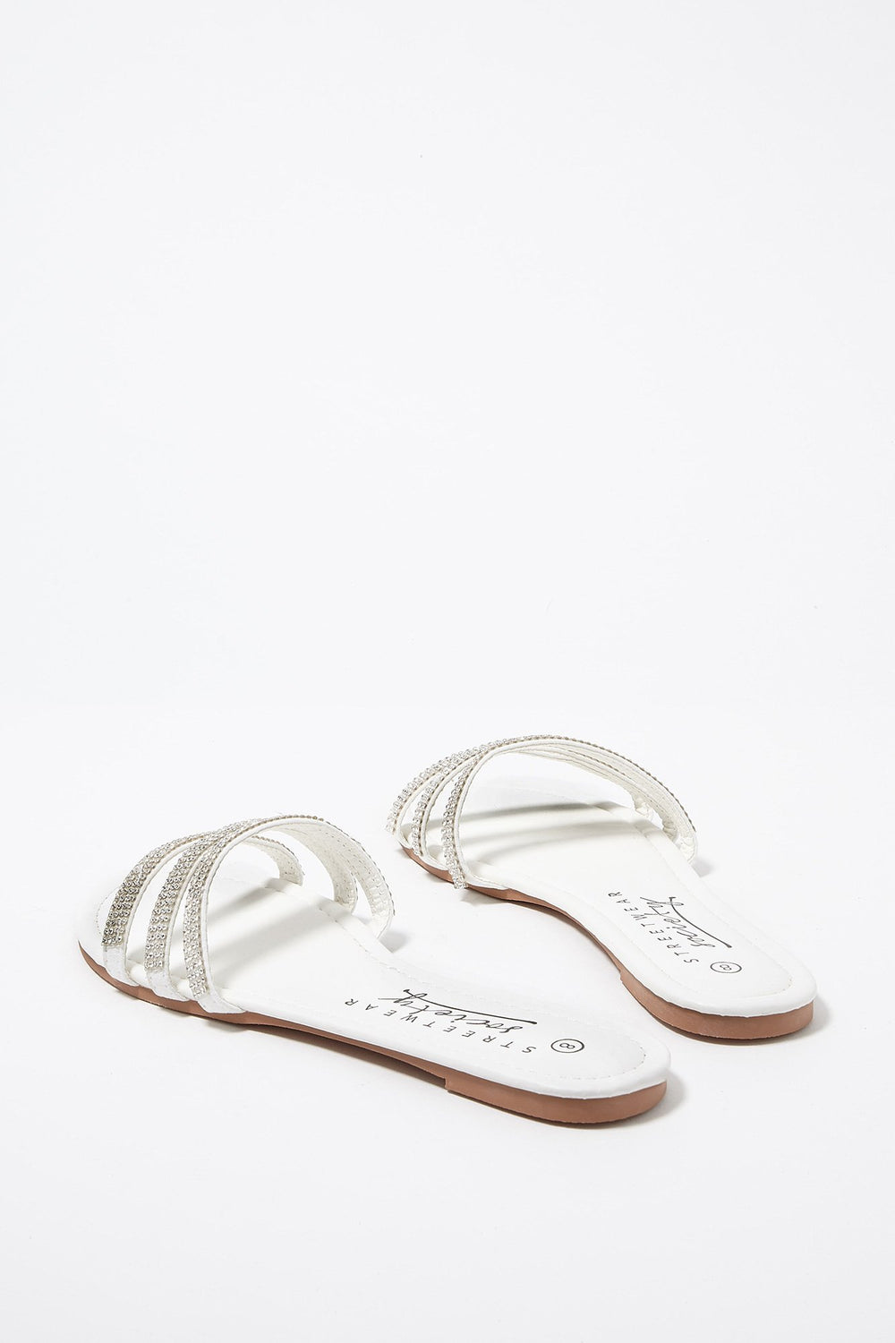 Women Rhinestone Three Band Slip-On Sandal White