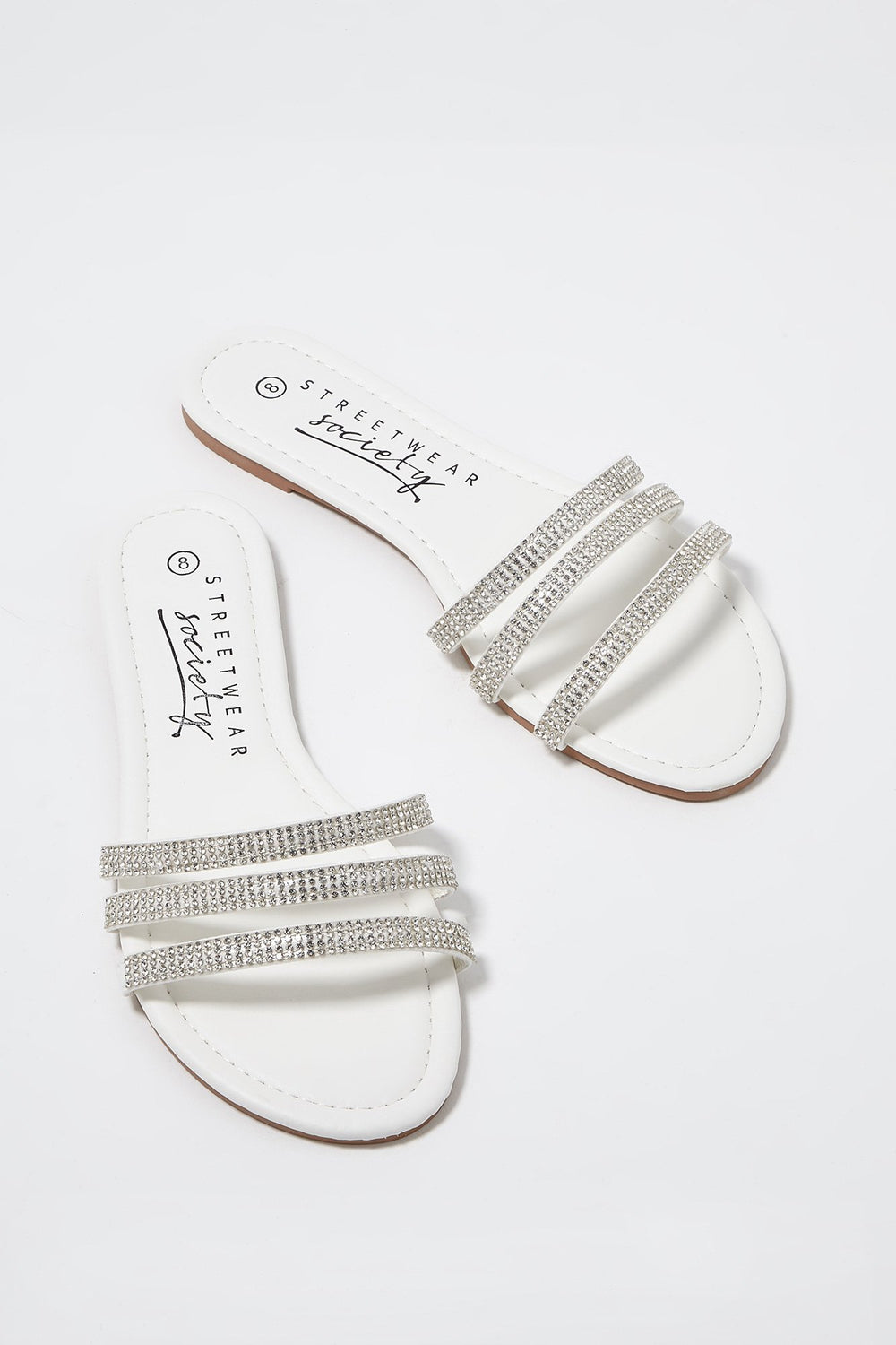 Women Rhinestone Three Band Slip-On Sandal White