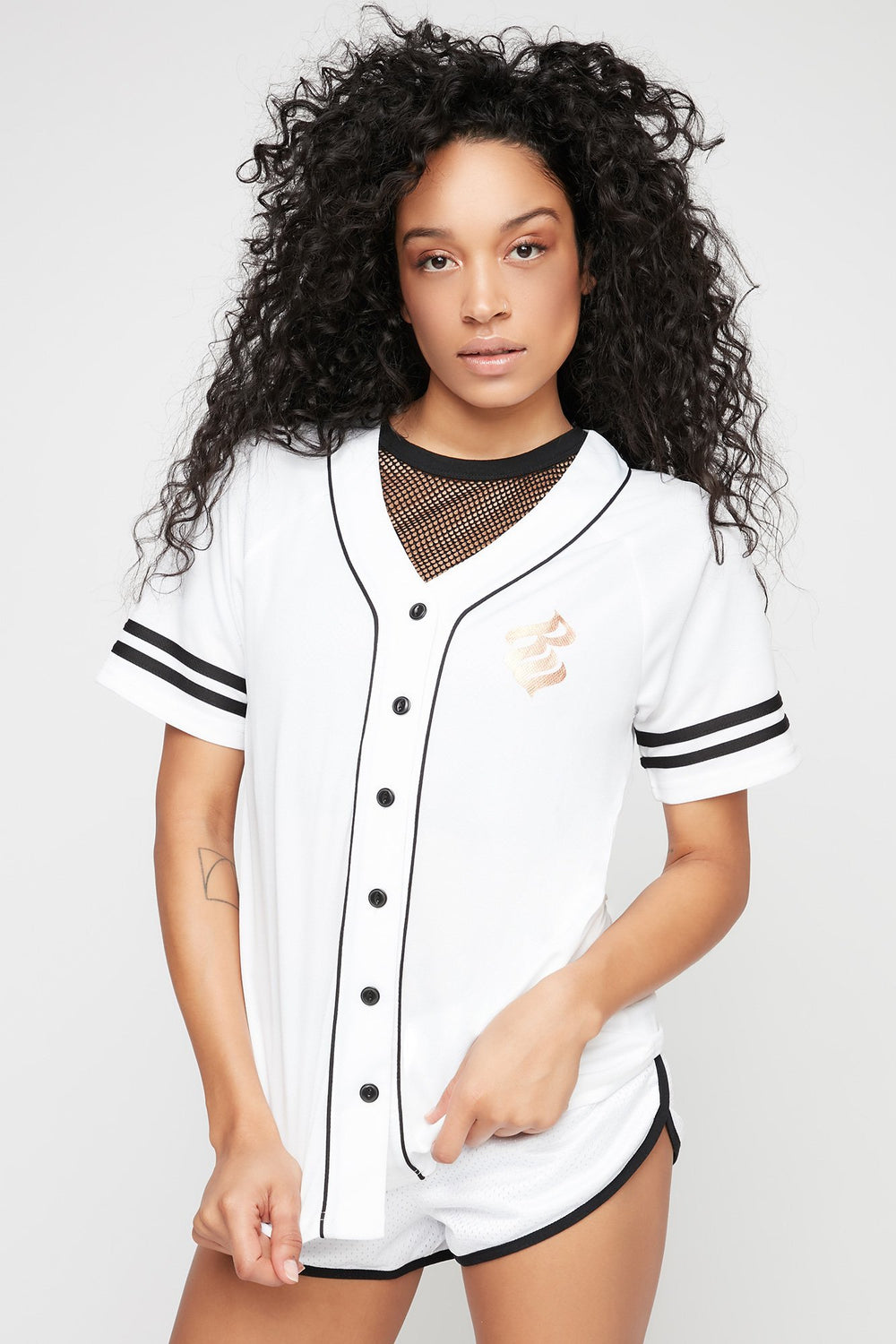 Women Rocawear Varsity Striped Graphic Baseball Jersey White