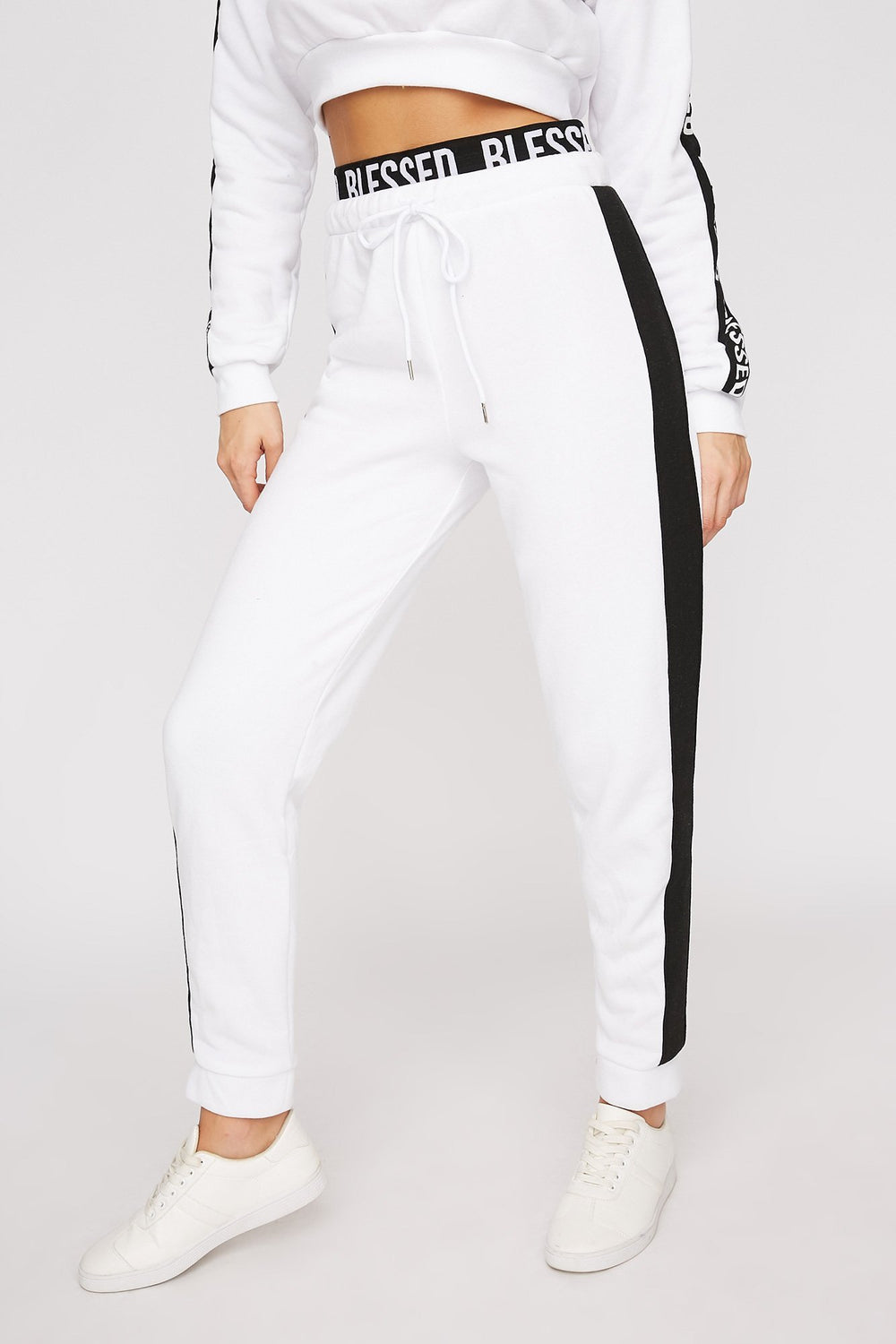 Women Side Stripe Graphic Banded Drawstring Jogger White