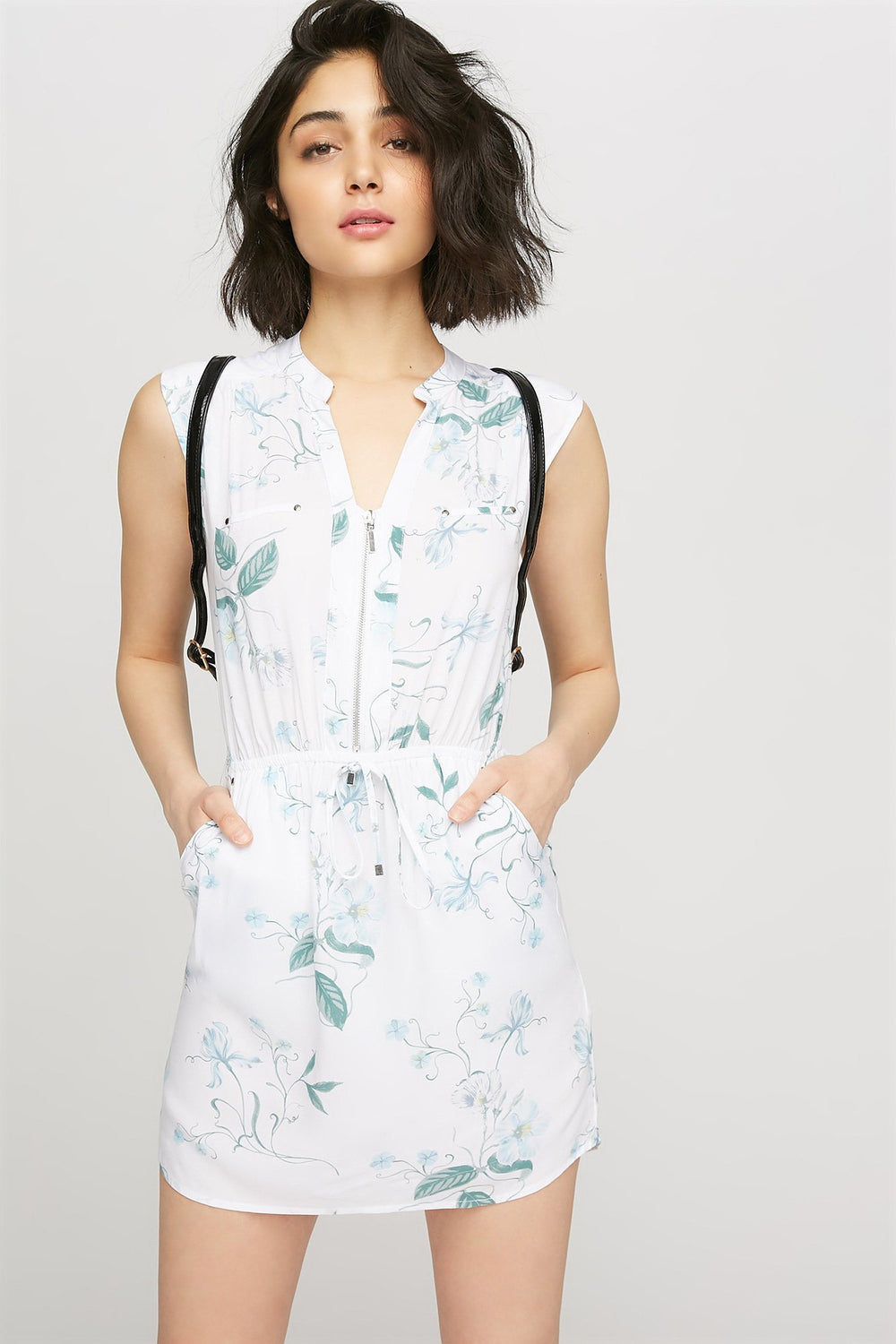 women Sleeveless Floral Half-Zip Drawstring Mini Dress White