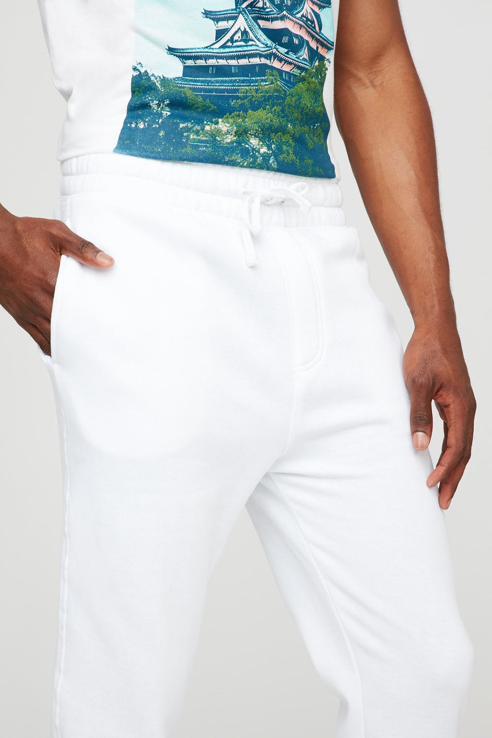 Men Slim Fleece Drawstring Jogger White
