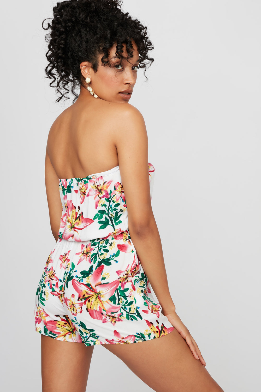 Women Strapless Tropical Floral Drawstring Romper White
