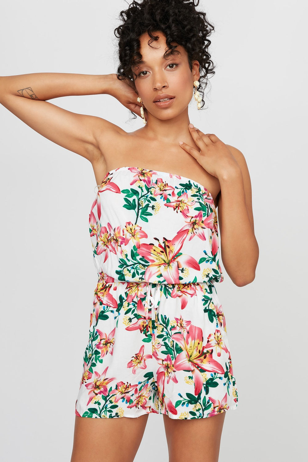 Women Strapless Tropical Floral Drawstring Romper White