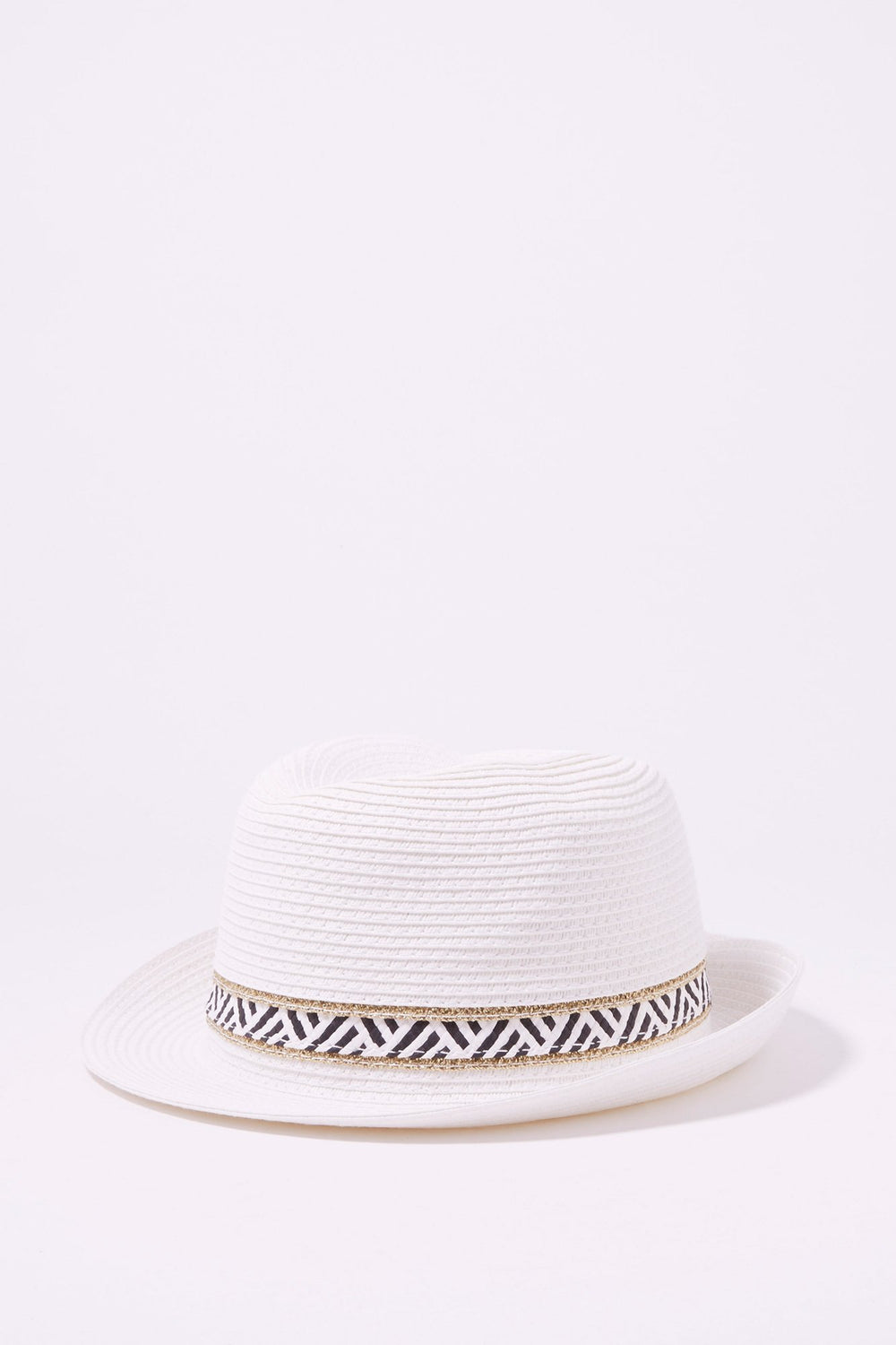Women Straw Glitter Detail Patterned Banded Fedora White