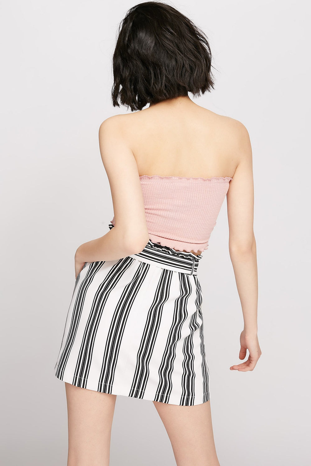 Women Striped Ruffle High-Rise Paperbag Skirt White