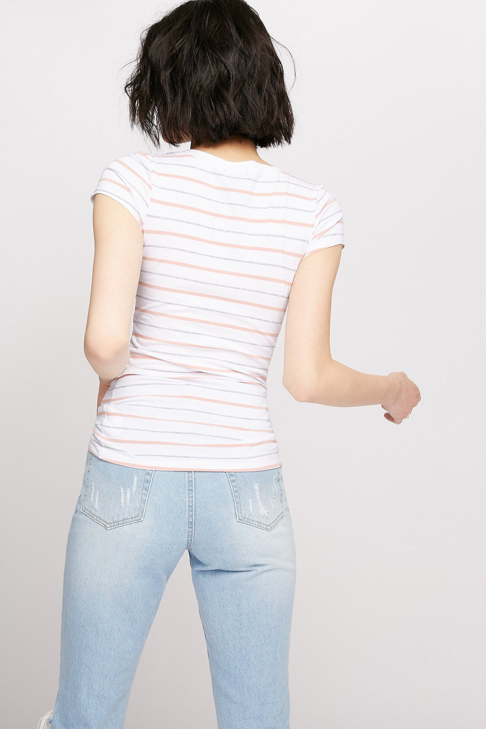 Women Striped V-Neck T-Shirt White