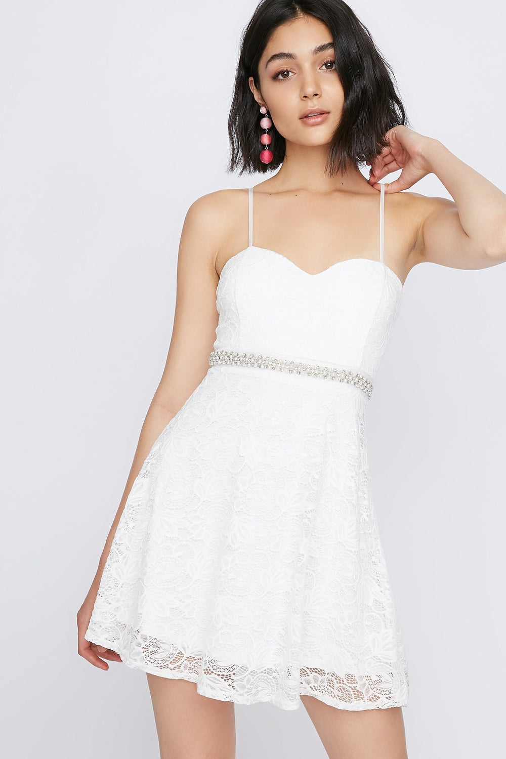 Women Sweetheart Lace Rhinestone Fit & Flare Dress White