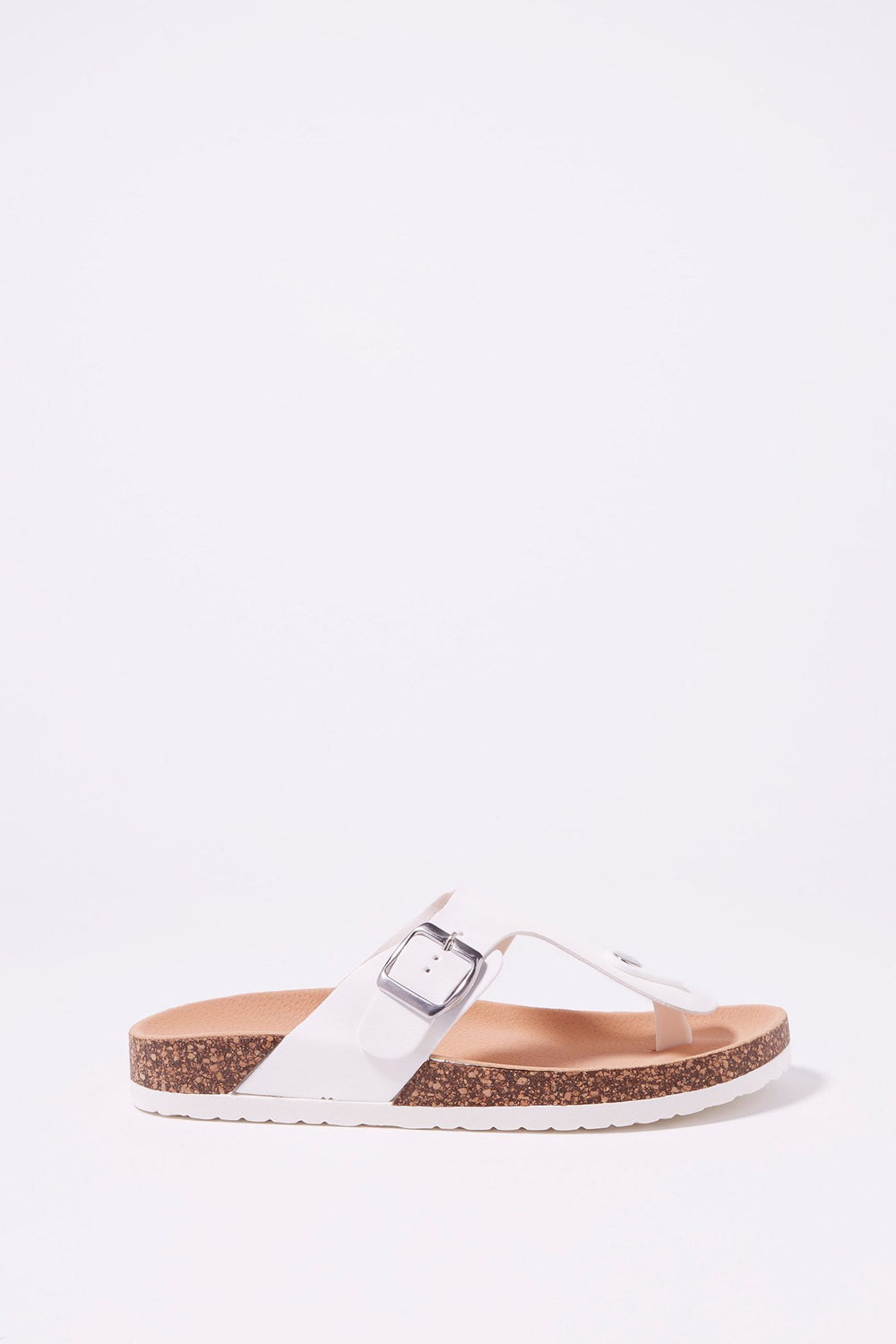 Women T-Bar Buckle Strap Cork Slider Sandal White