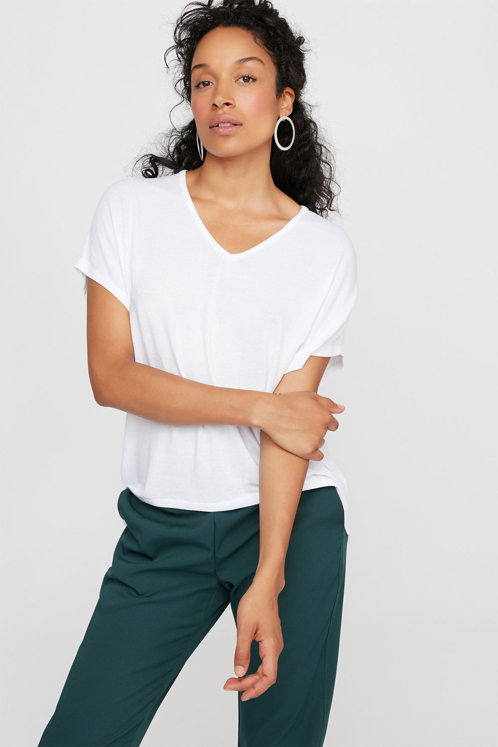 Women V-Neck  Basic Dolman T-Shirt White