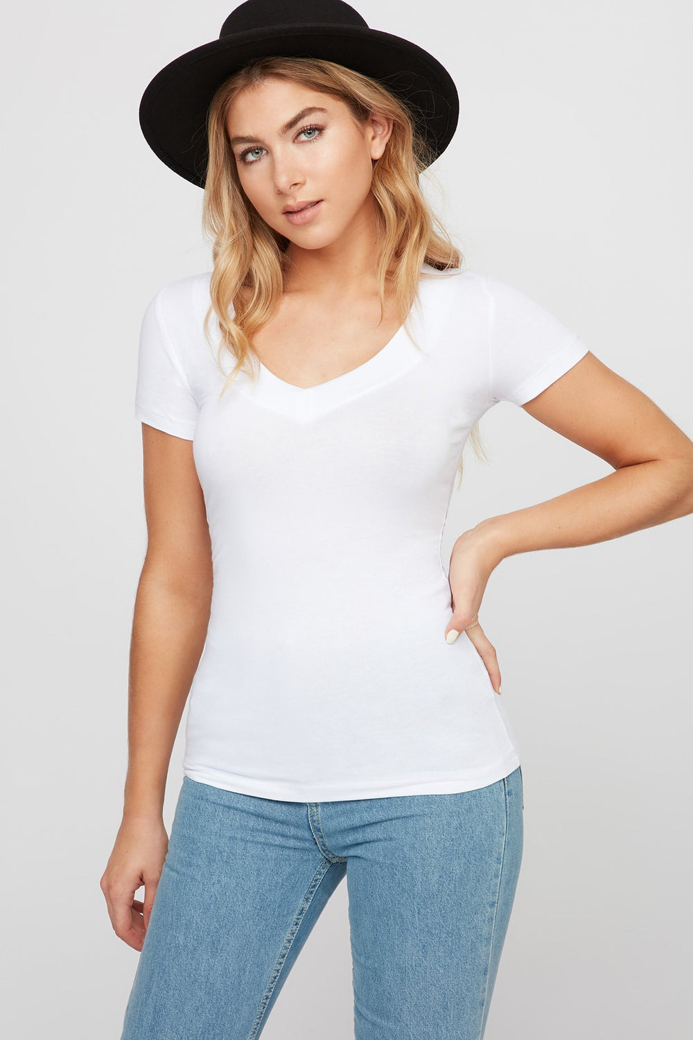 Women V-Neck Basic Soft T-Shirt White