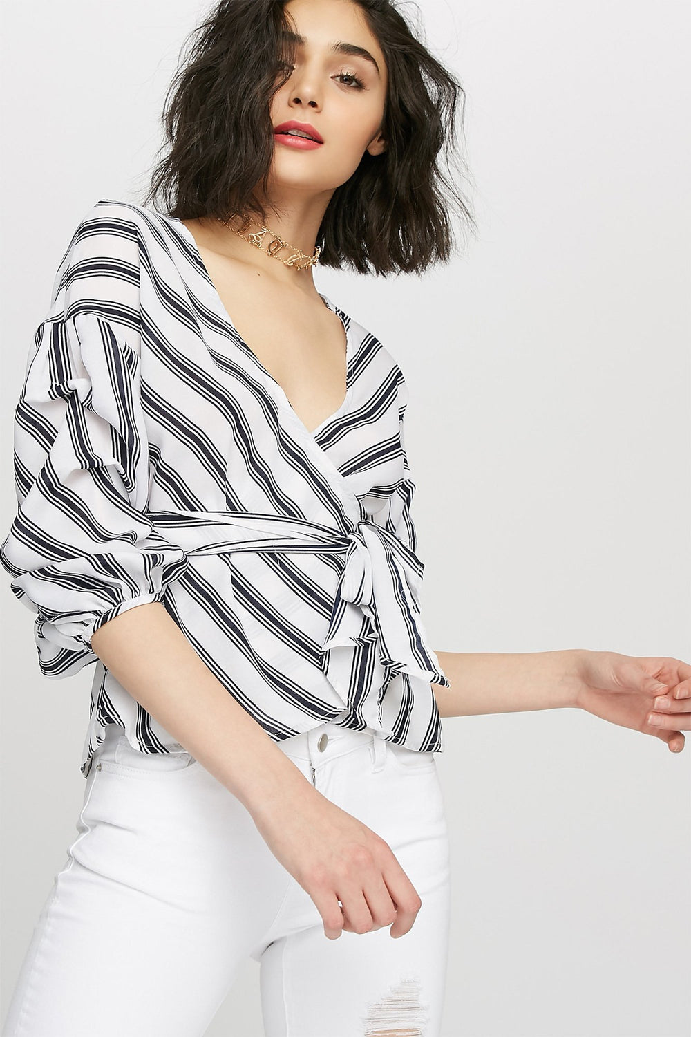 Women V-Neck Ruffle Self-Tie Wrap Blouse White