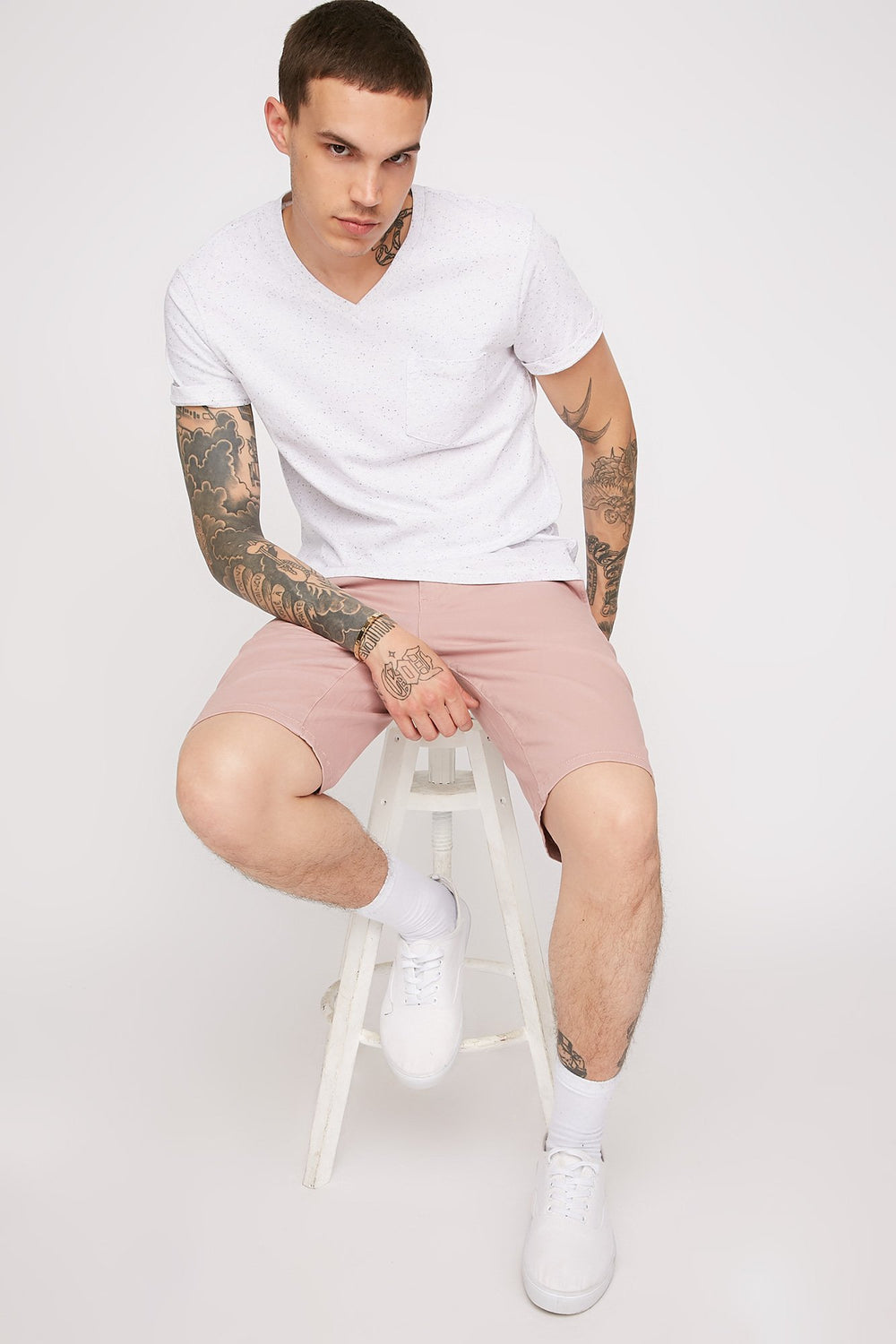 Men V-Neck Space Dye Pocket T-Shirt White