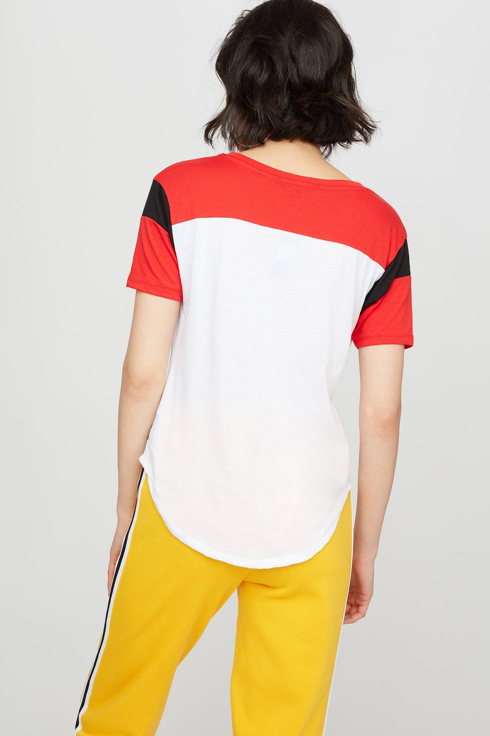 Women V-Neck Varsity Striped Colour Block T-Shirt White