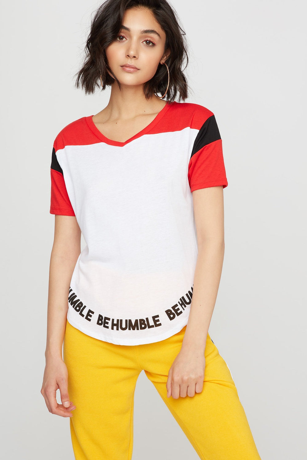 Women V-Neck Varsity Striped Colour Block T-Shirt White