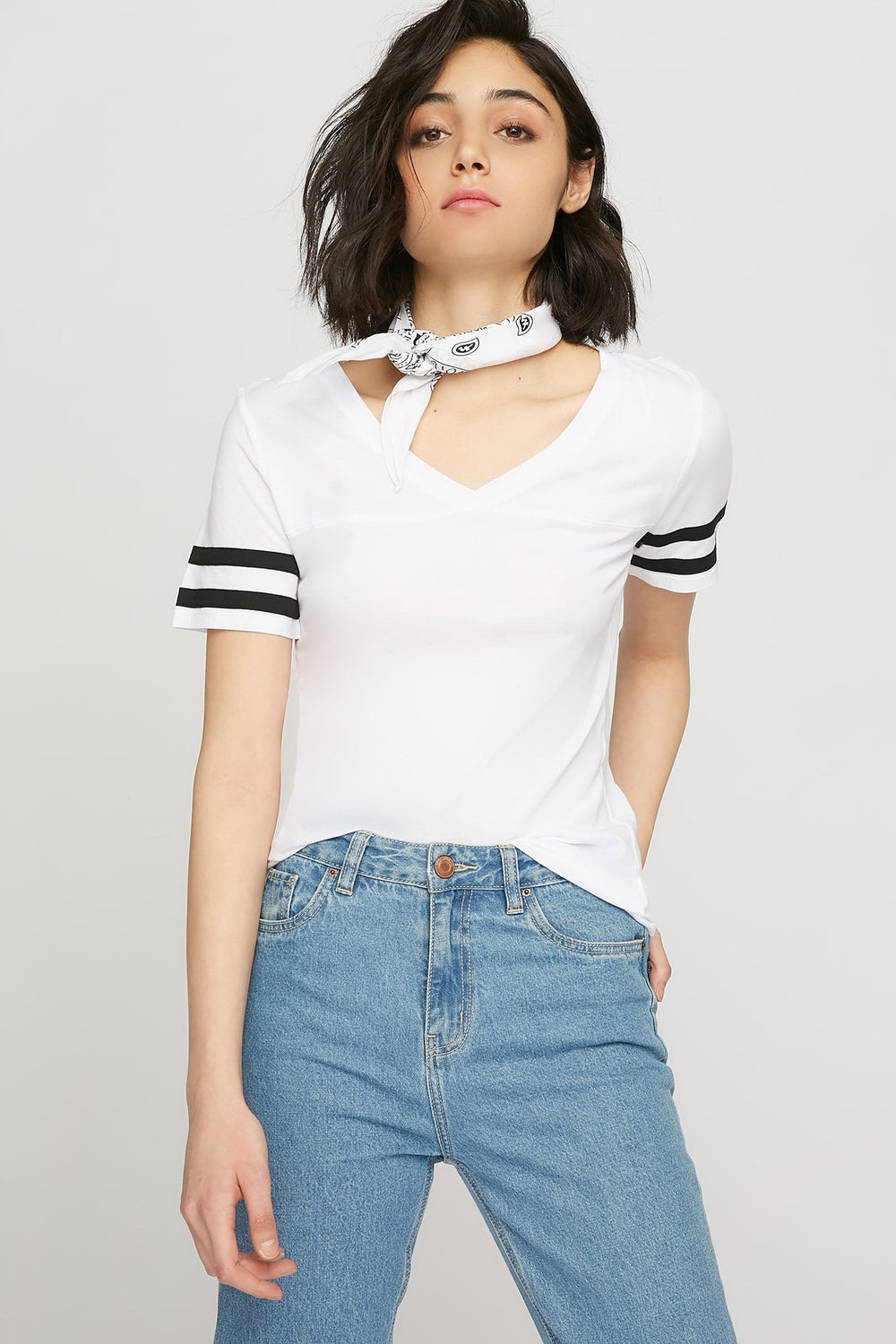 women V-Neck Varsity Striped T-Shirt White