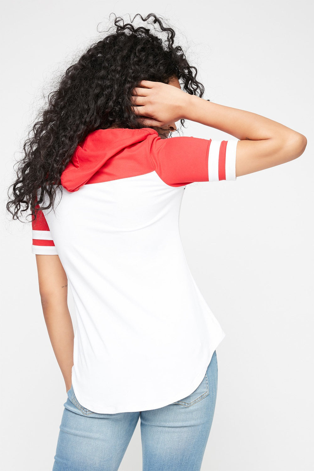 Women Varsity Striped Dolphin Hem Graphic Hooded Drawstring T-Shirt White