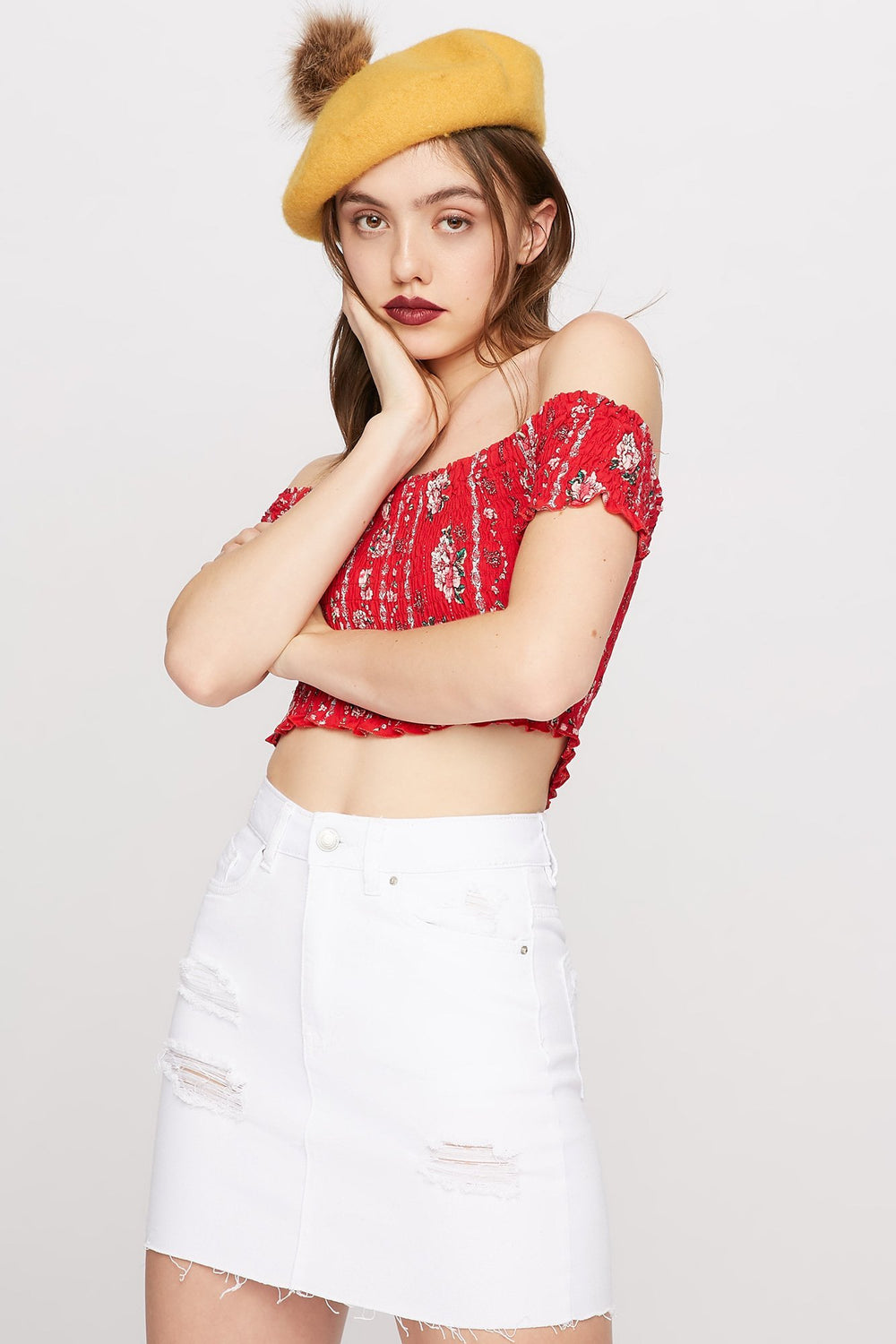 Women White High-Rise Distressed Frayed Hem Denim Mini Skirt White