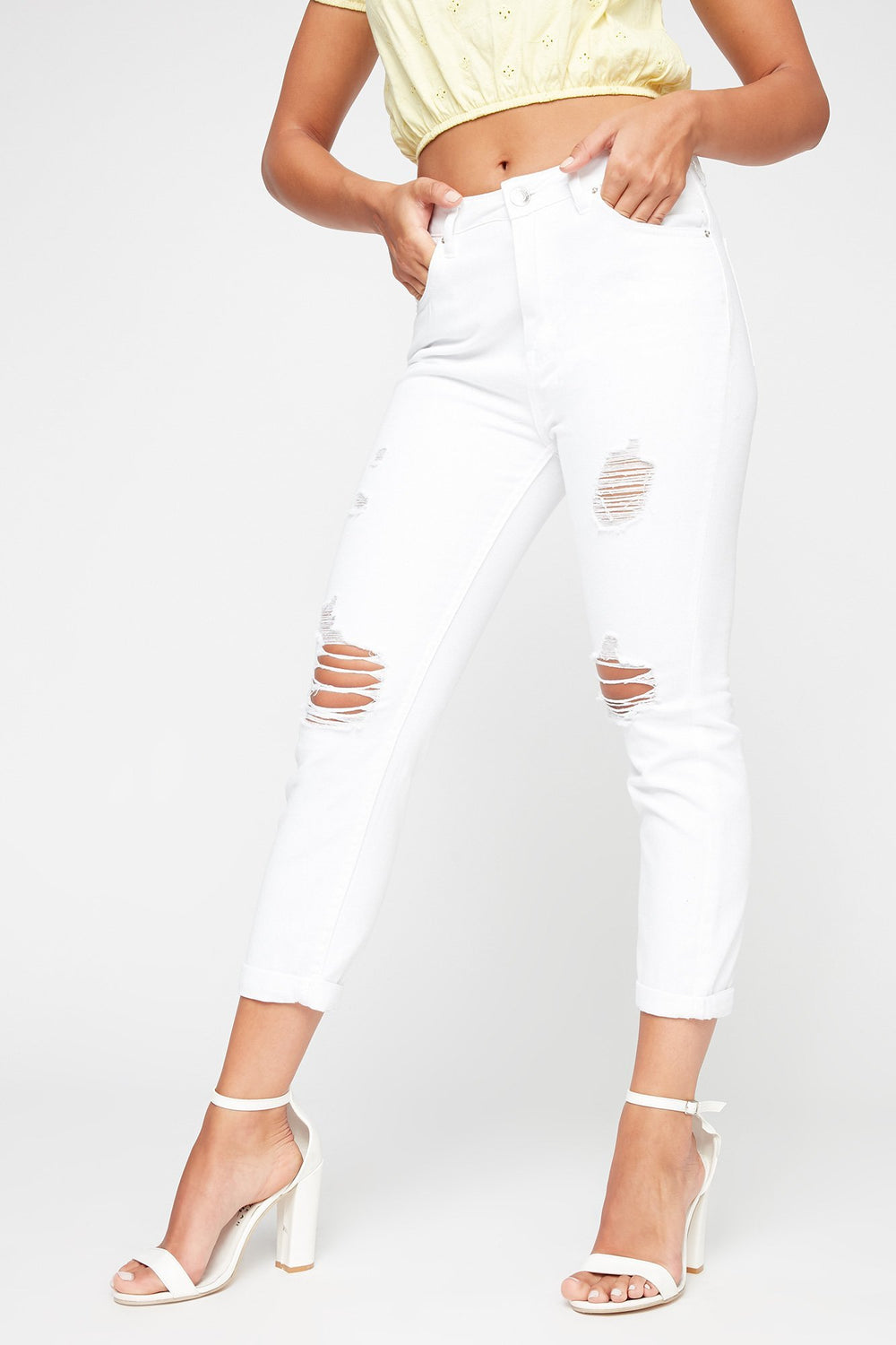 Women White High-Rise Distressed Mom Jean White