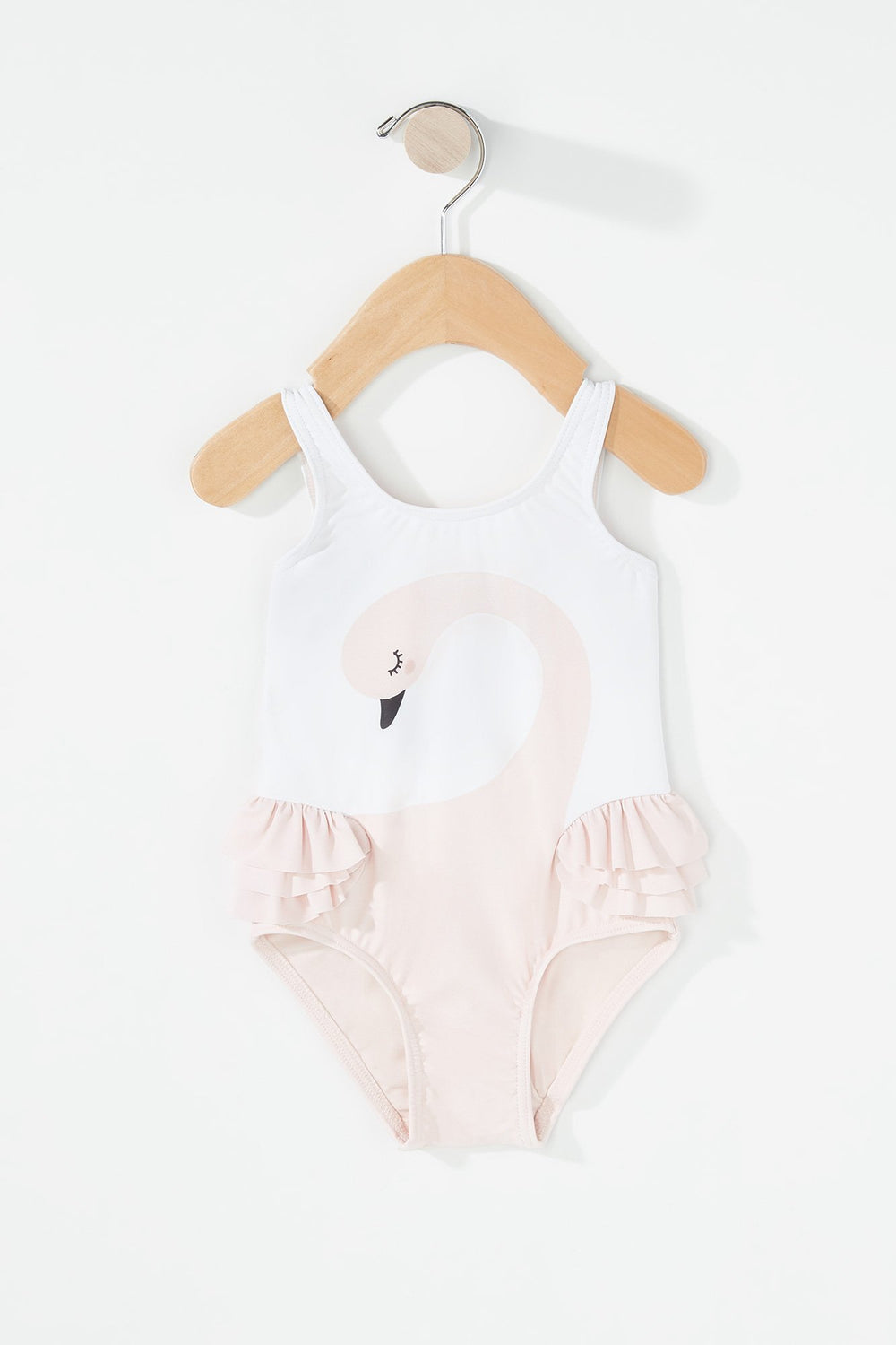 Kids Baby Girl Ruffle Swan Graphic One-Piece Swimsuit White