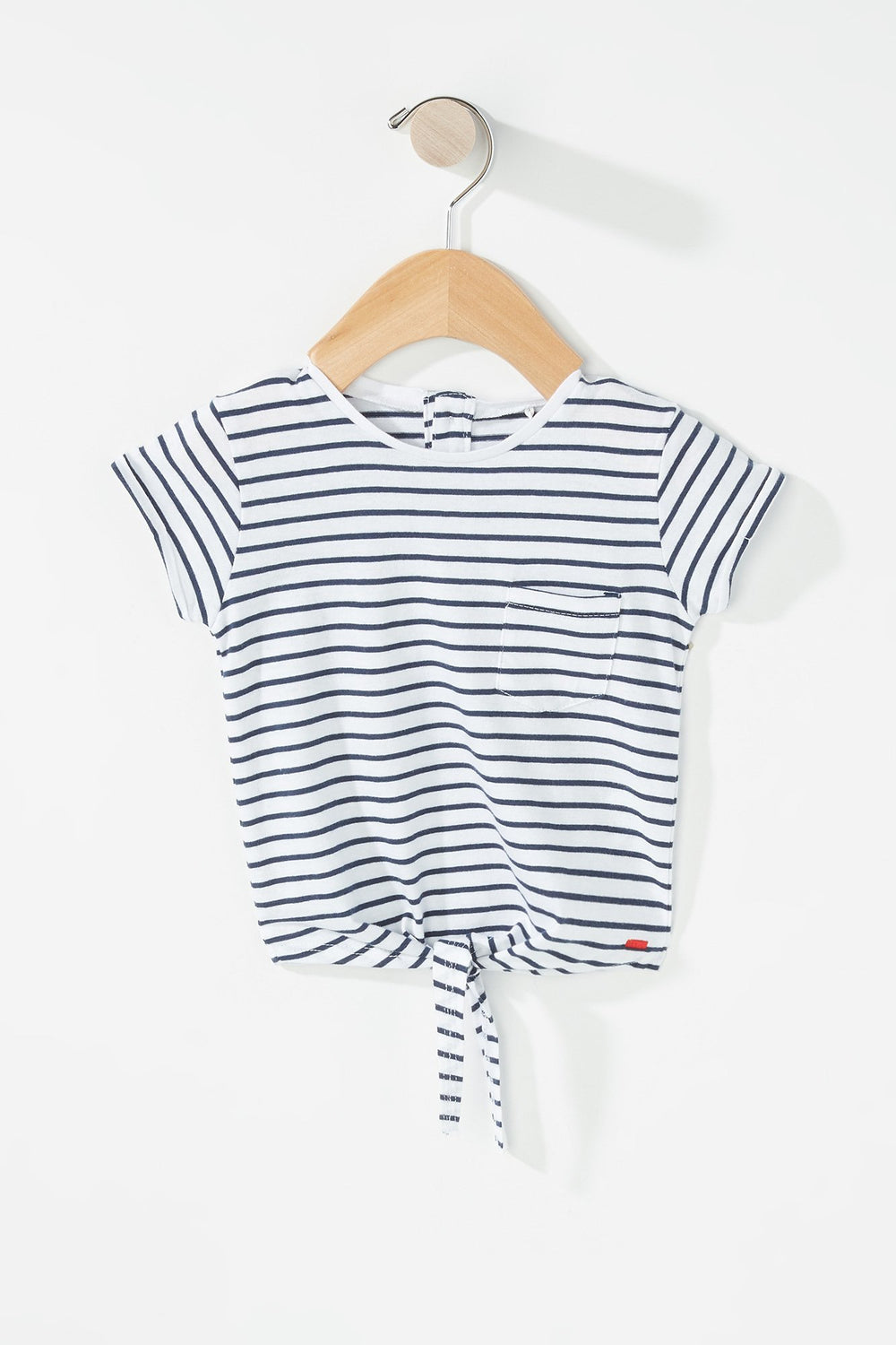 Kids Baby Girl Striped Front-Knot Pocket T-Shirt White