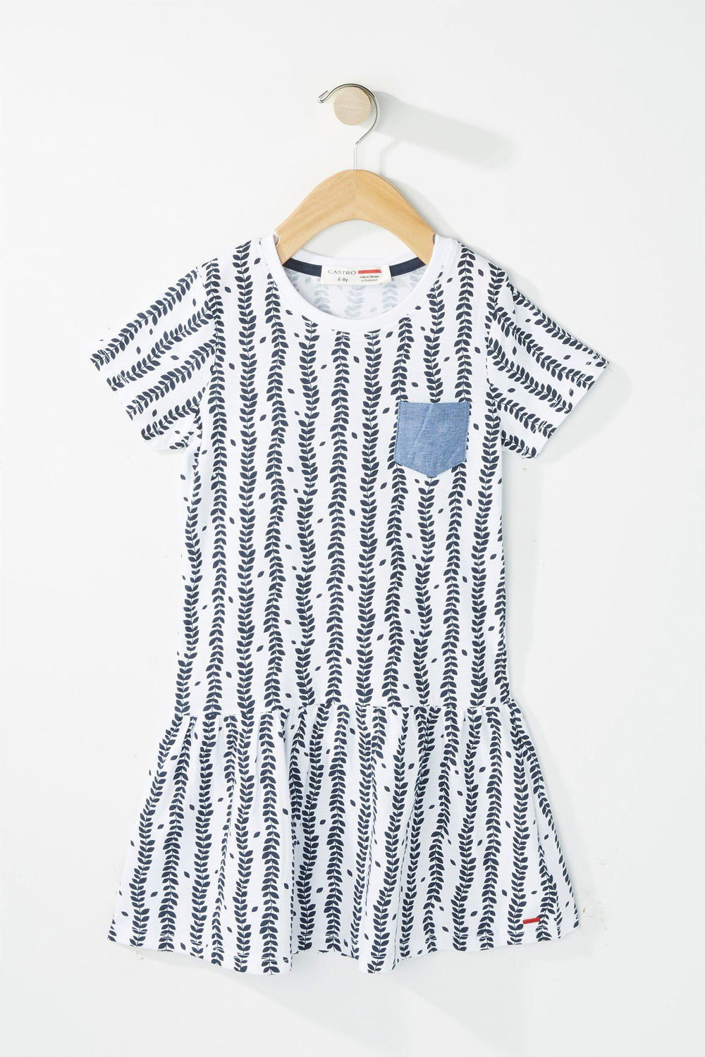 Kids Girls Chambray Pocket Leaf Printed Peplum Dress White