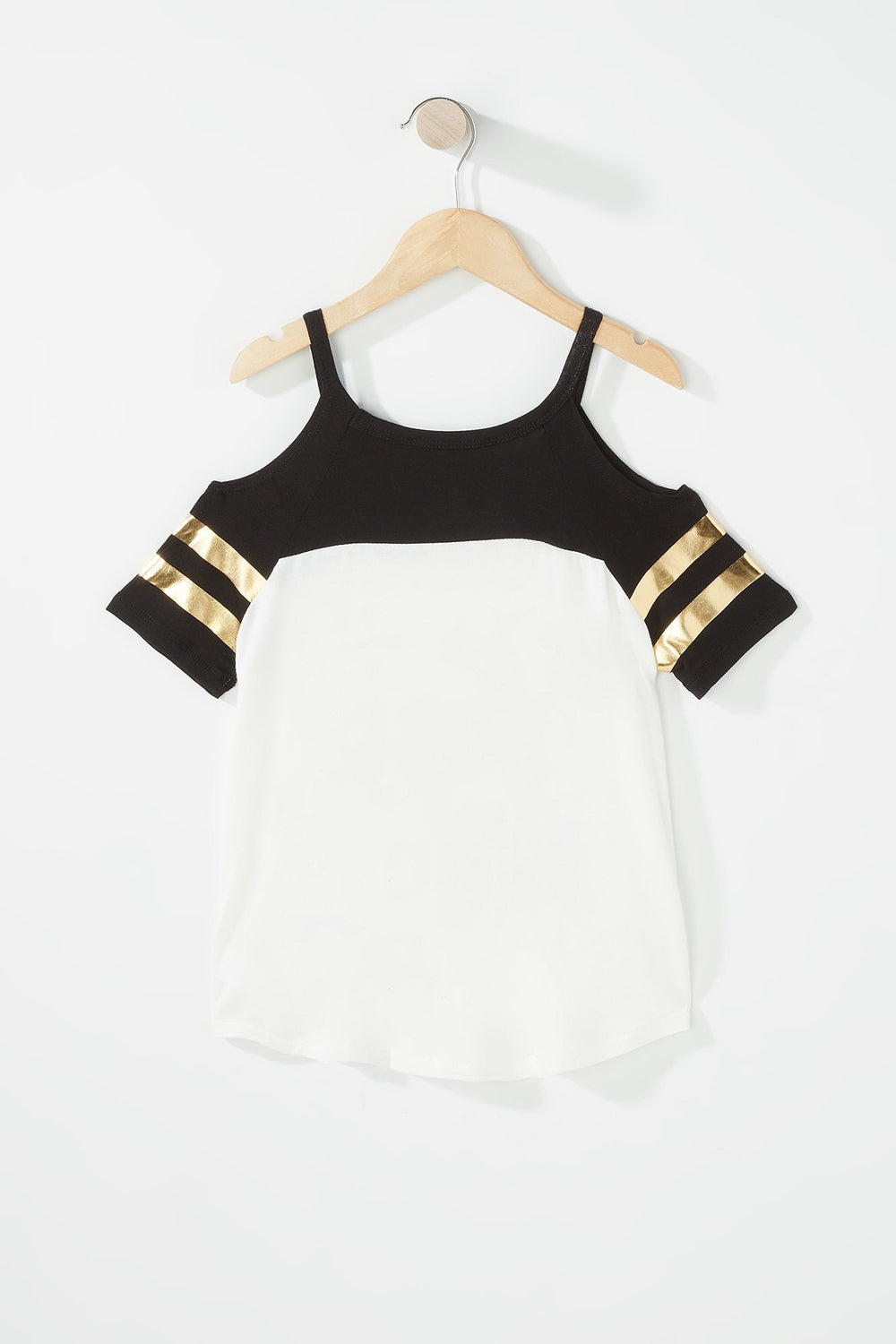 Kids Girls Cold Shoulder Varsity Striped Graphic T-Shirt White