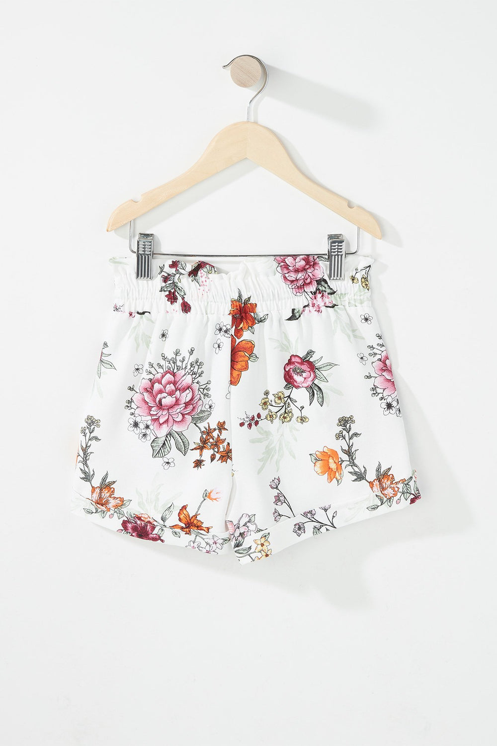 Kids Girls Floral Ruffle Drawstring Paperbag Short White