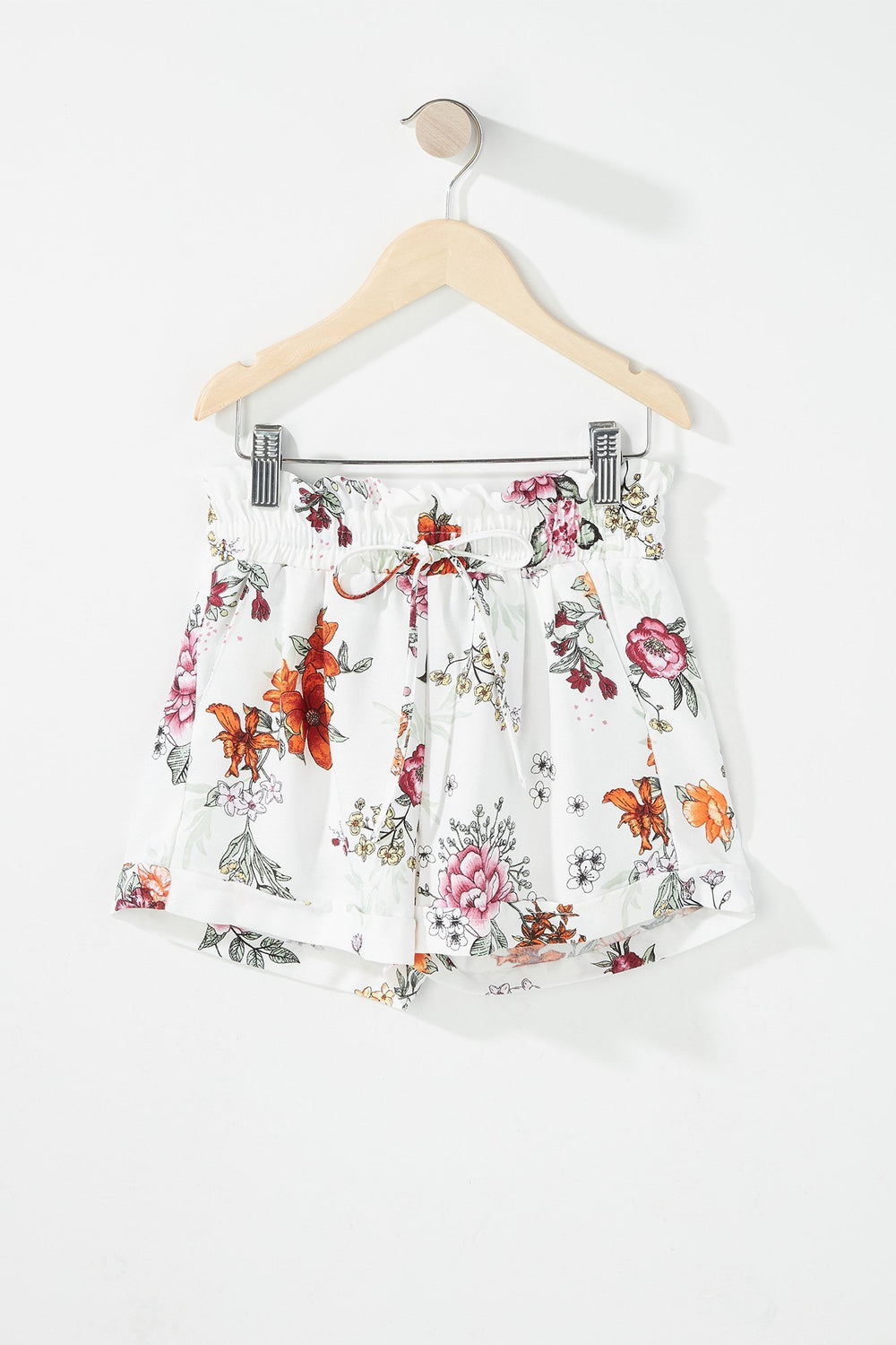 Kids Girls Floral Ruffle Drawstring Paperbag Short White