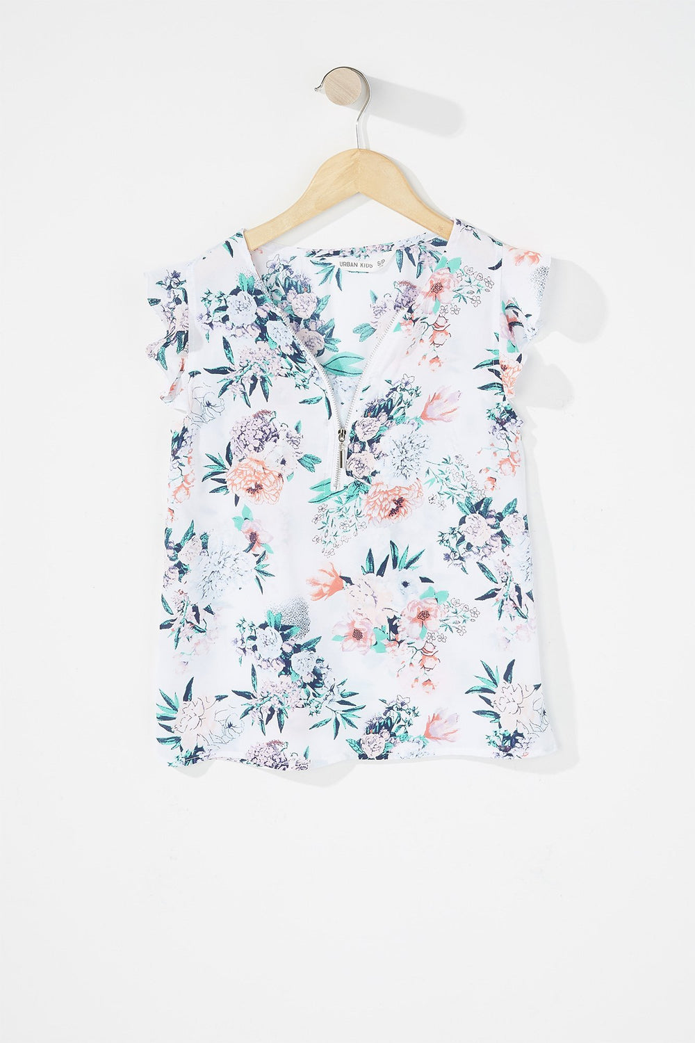 Kids Girls Floral Ruffle Half-Zip Blouse White