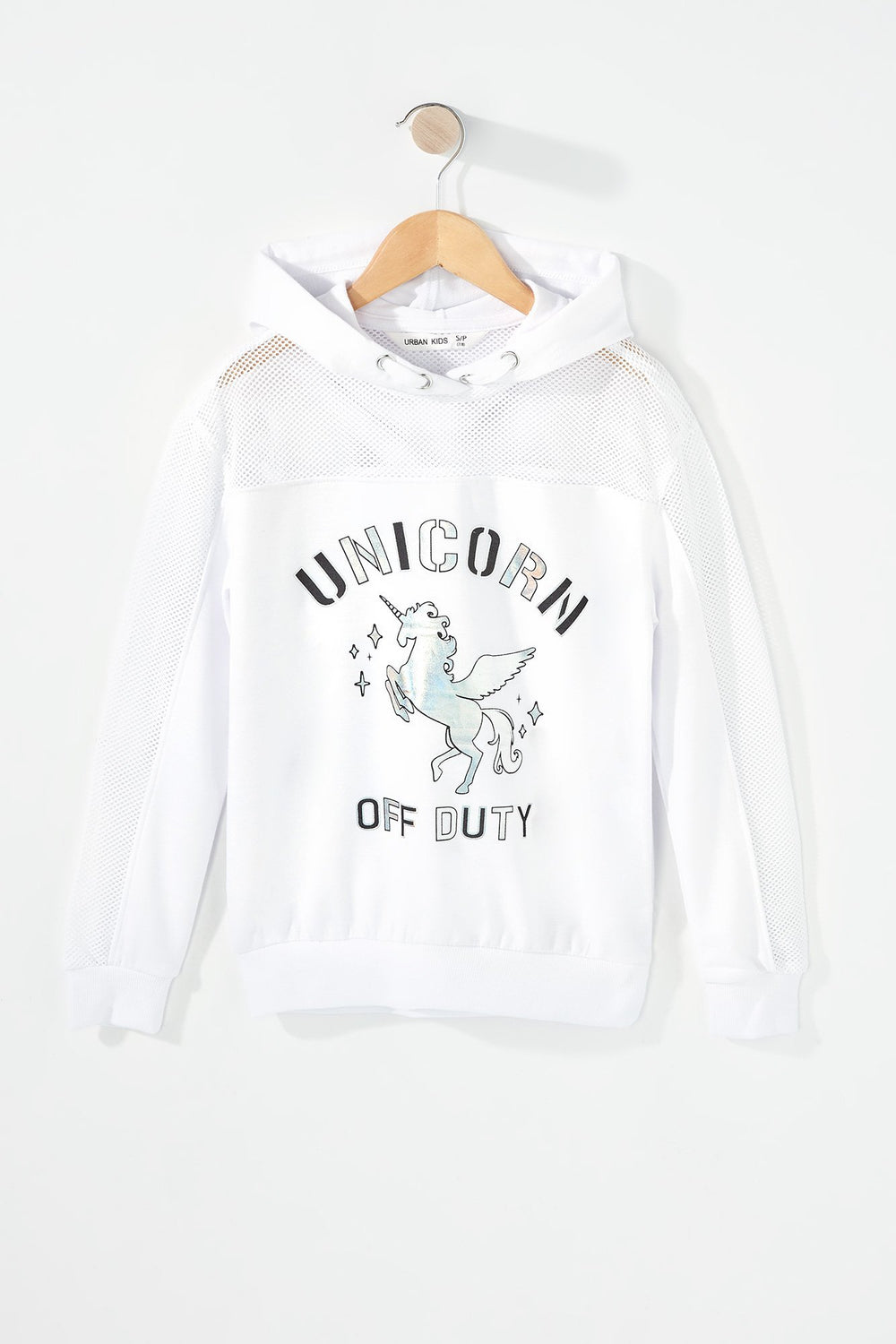 Kids Girls Graphic Mesh Drawstring Popover Hoodie White