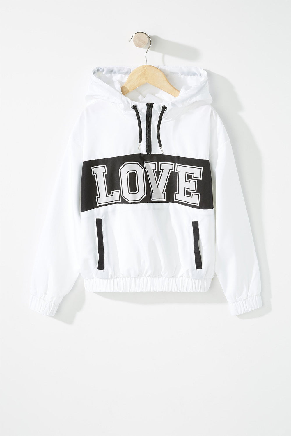 Kids Girls Half-Zip Graphic Drawstring Hooded Windbreaker White