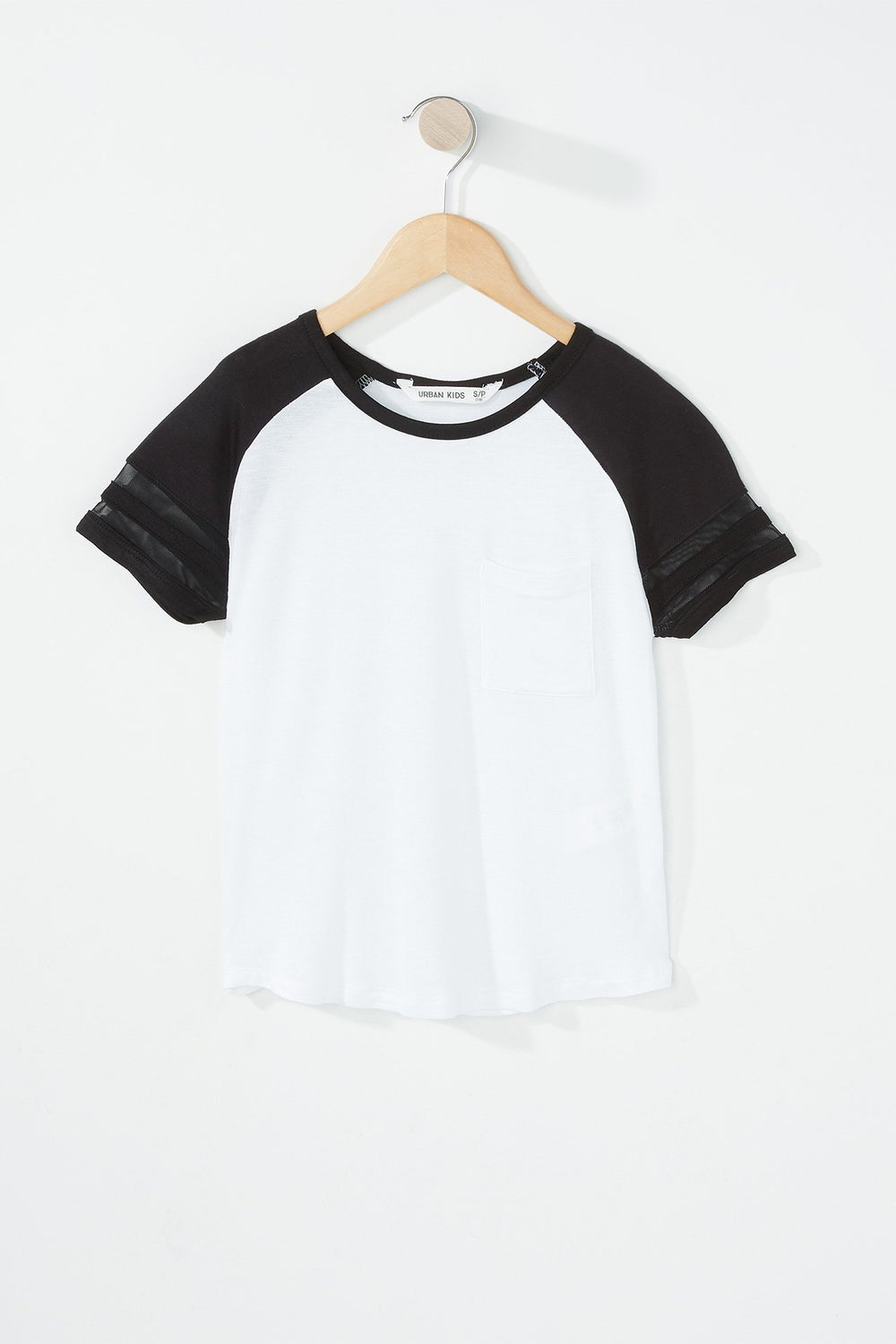Kids Girls Mesh Varsity Striped Pocket T-Shirt White