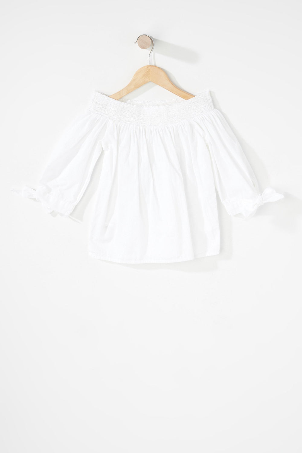 Kids Girls Off The Shoulder Self-Tie Sleeve Blouse White