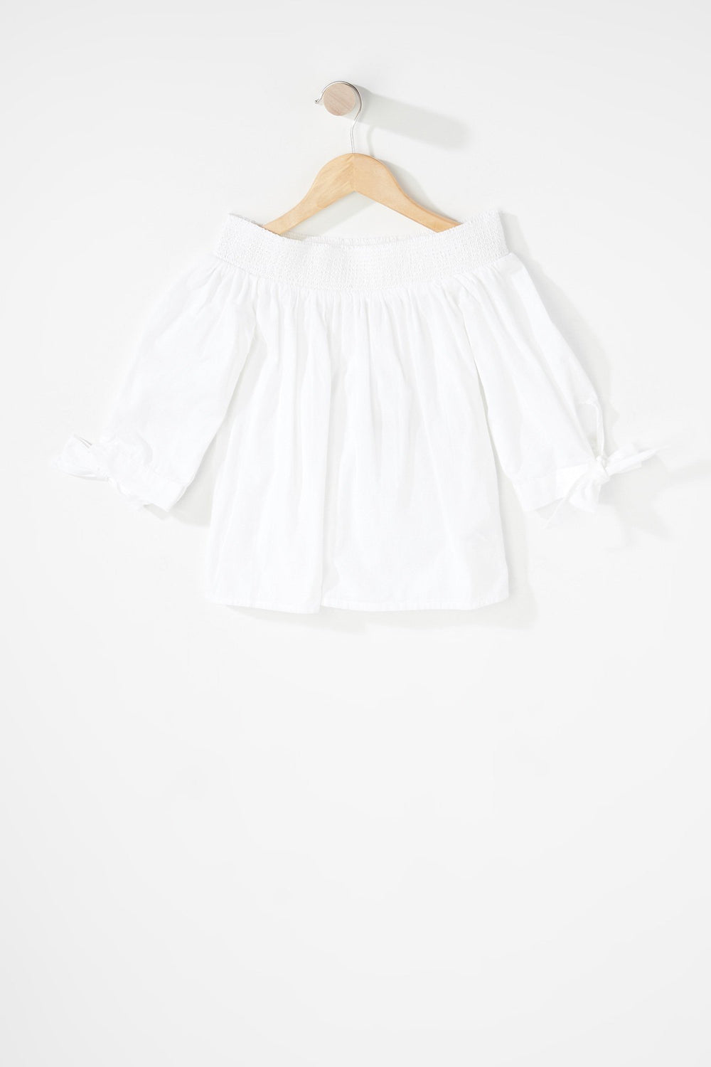 Kids Girls Off The Shoulder Self-Tie Sleeve Blouse White