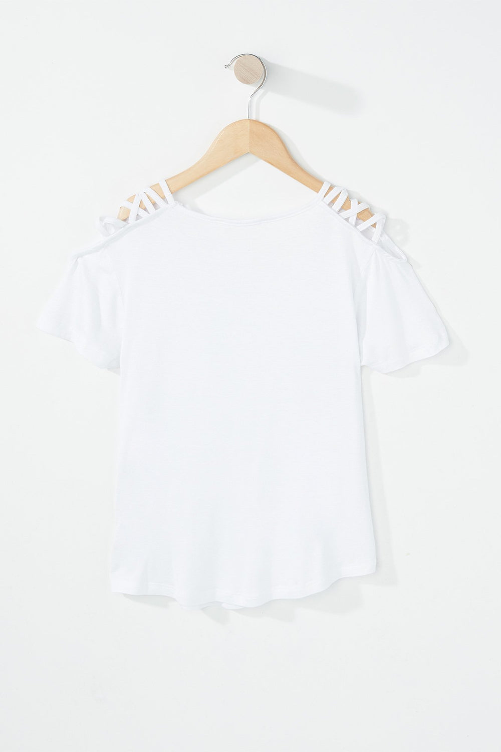 Kids Girls V-Neck Zipper Pocket Caged T-Shirt White