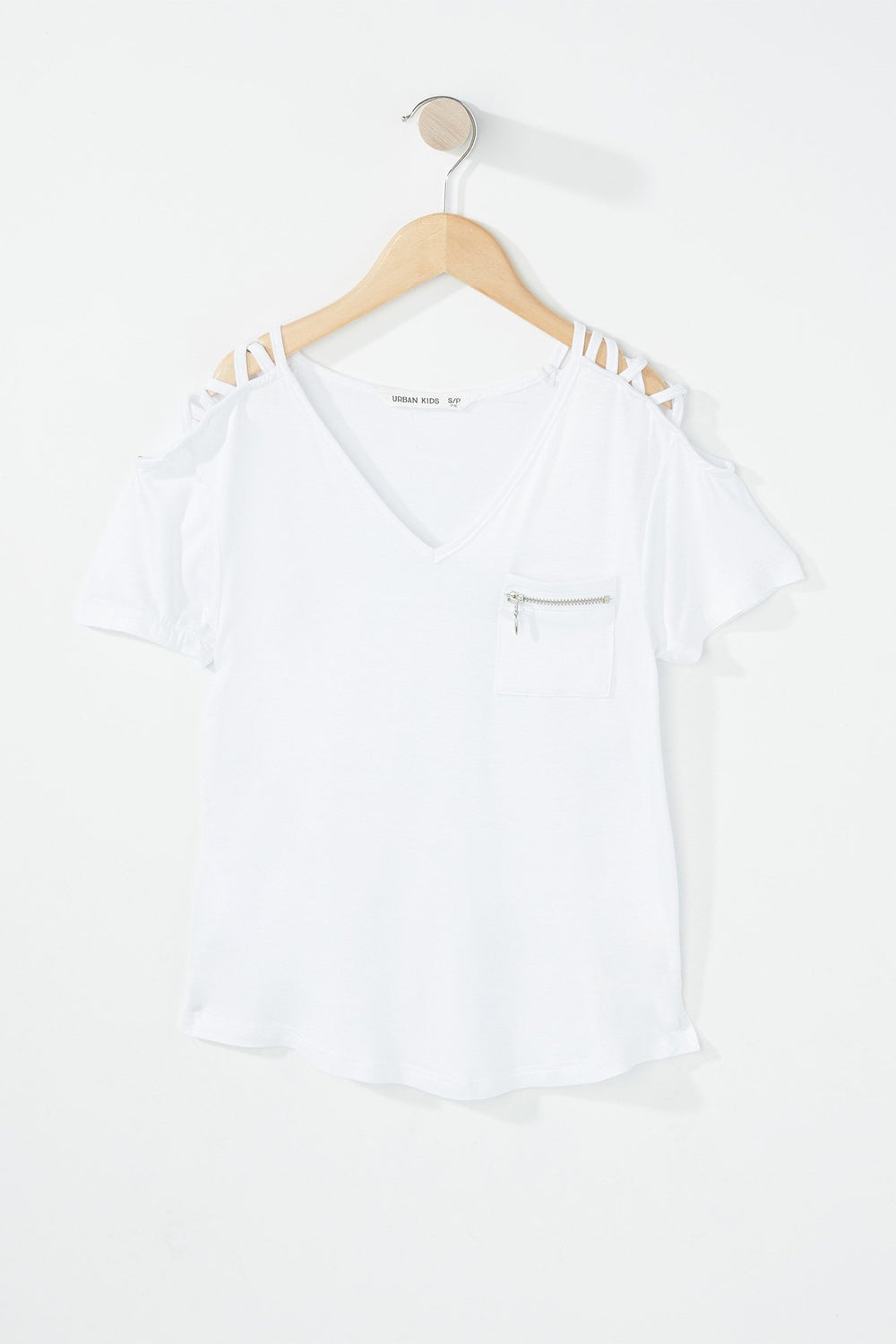 Kids Girls V-Neck Zipper Pocket Caged T-Shirt White