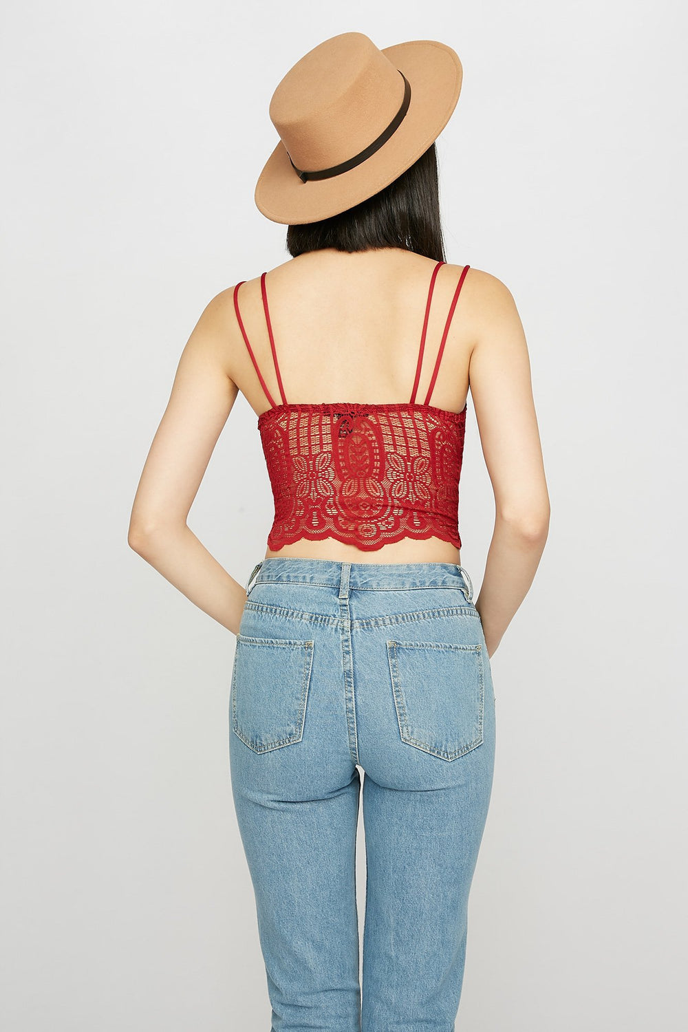 Women V-Neck Ribbed Lace Camisole Wine