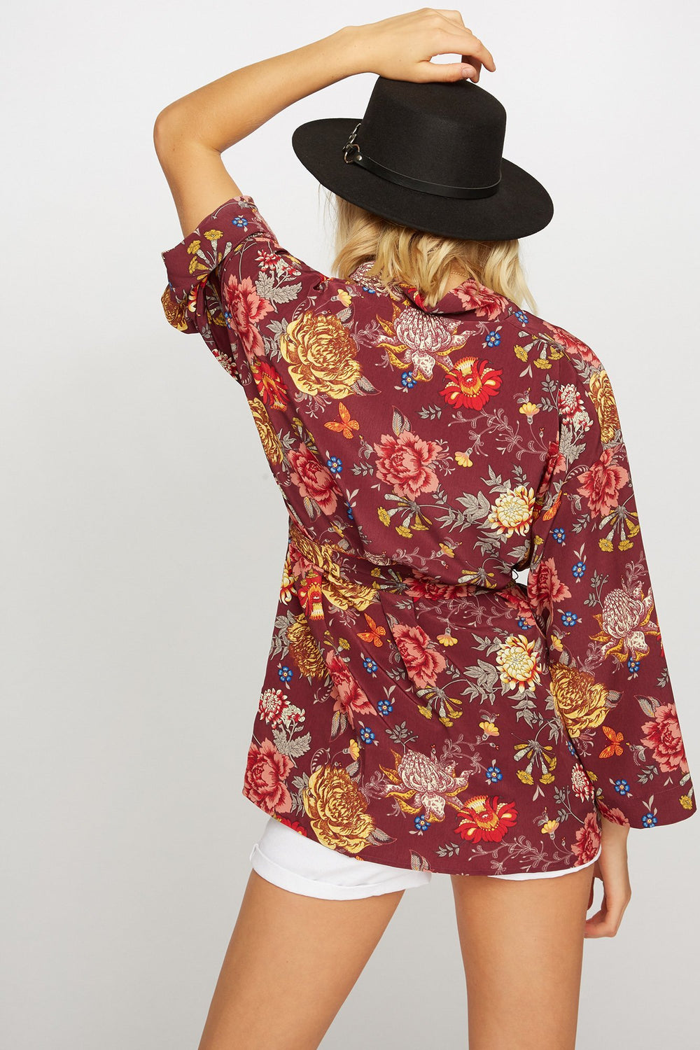 Women Floral Open-Front Self-Tie Kimono Wine