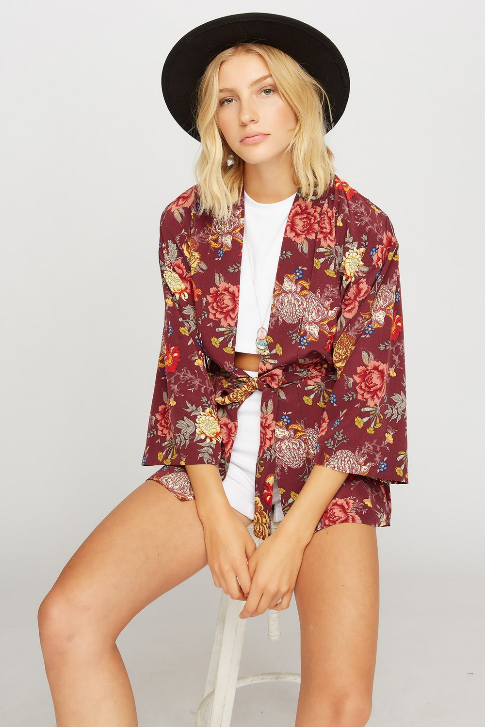 Women Floral Open-Front Self-Tie Kimono Wine