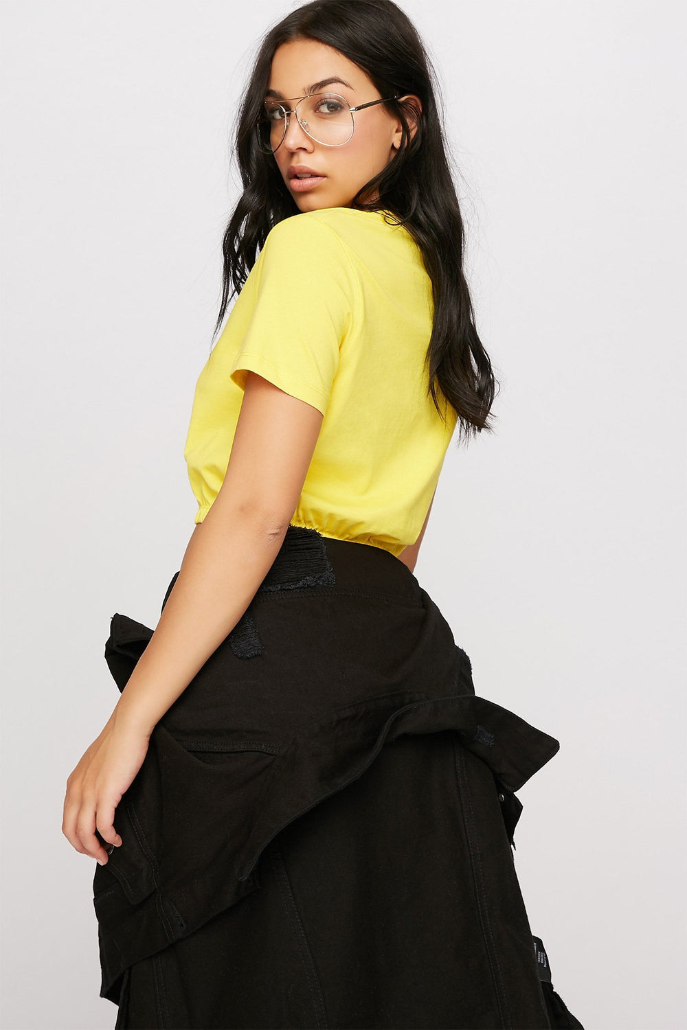 Women Cinched Cropped Crewneck T-Shirt Yellow