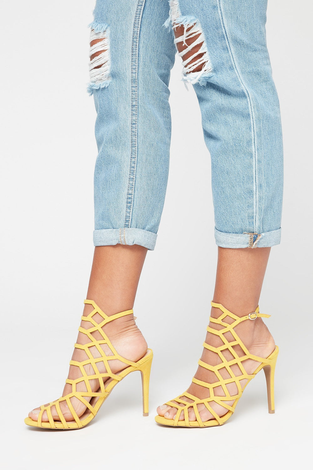 Women Faux-Suede Geometric Caged Stiletto Heel Yellow
