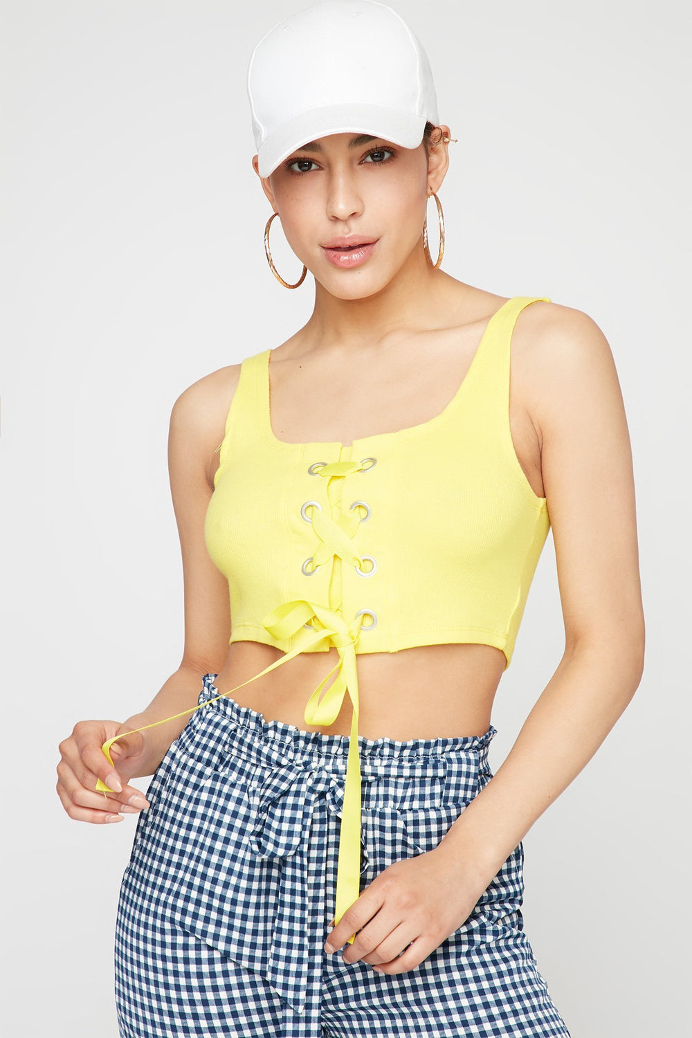 Women Lace-Up Ribbon Cropped Knit Tank Yellow