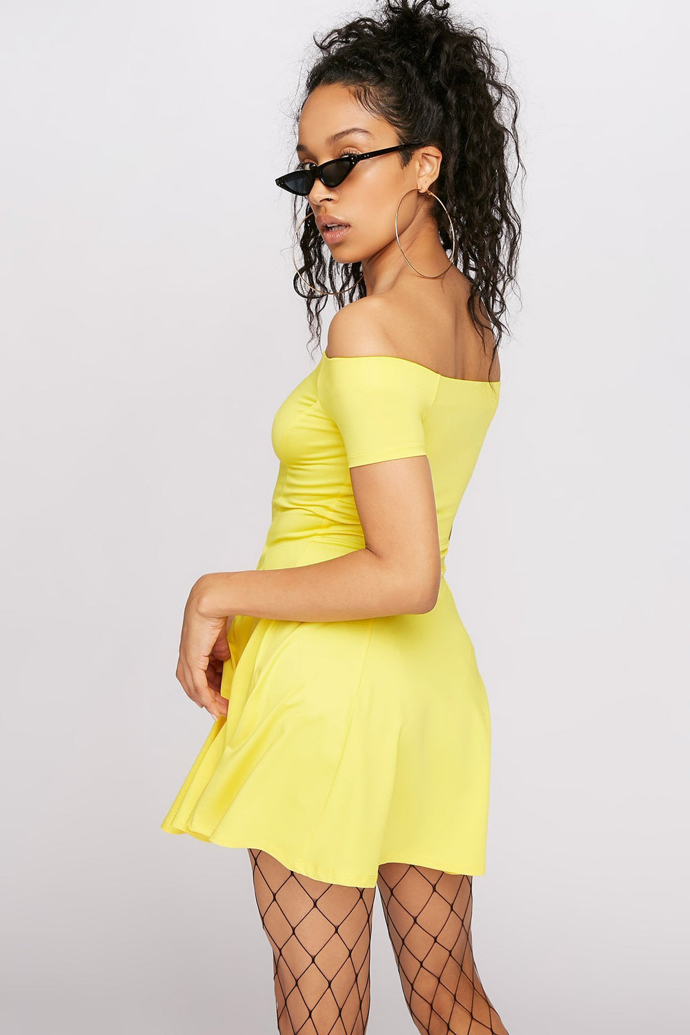 Women Off The Shoulder Fit & Flare Mini Dress Yellow