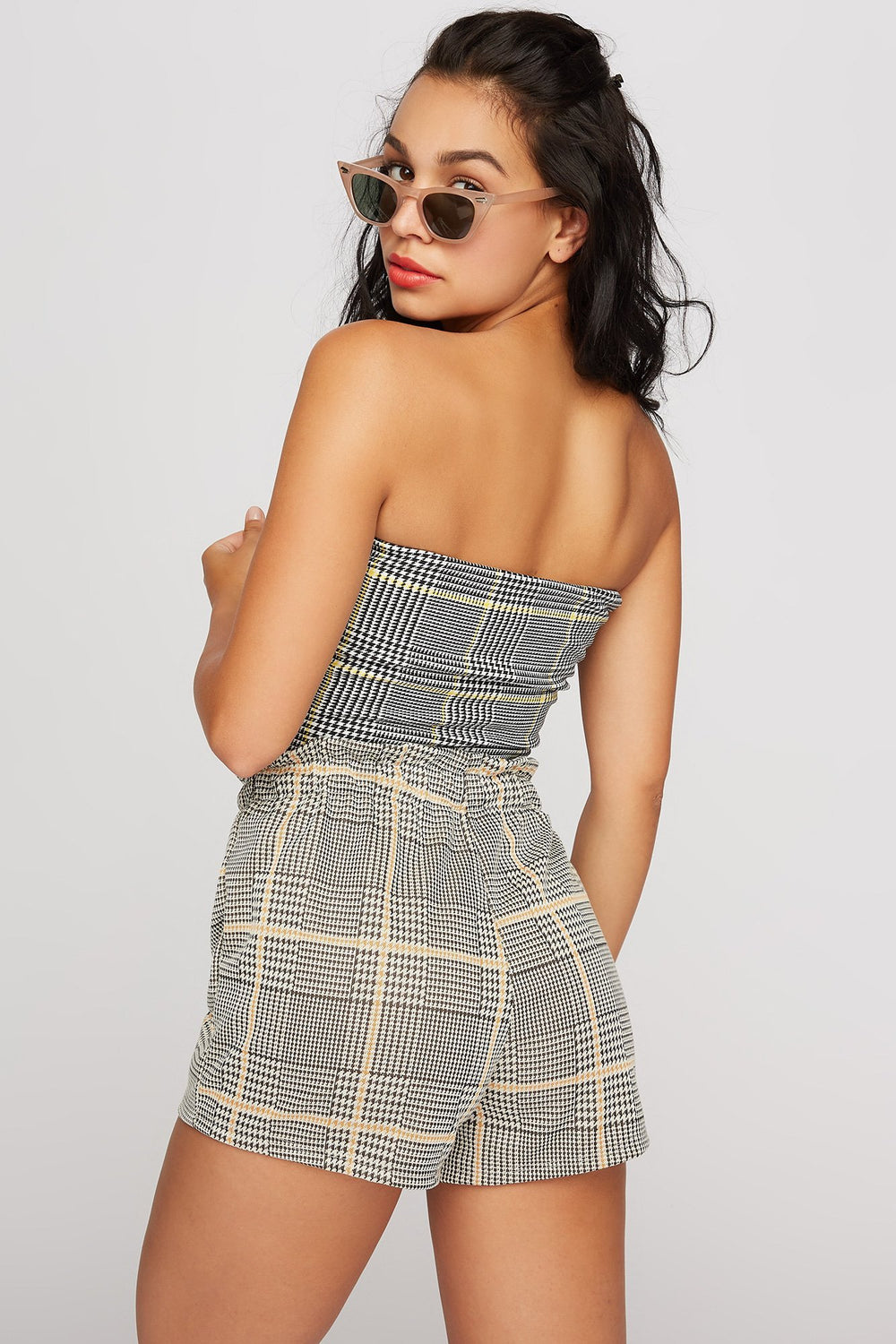 Women Plaid Tube Top Yellow