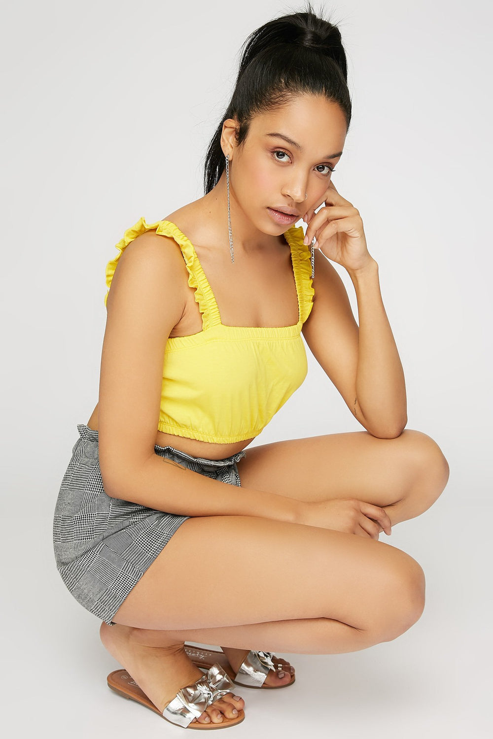 Women Ruffle Cinched Cropped Tank Yellow