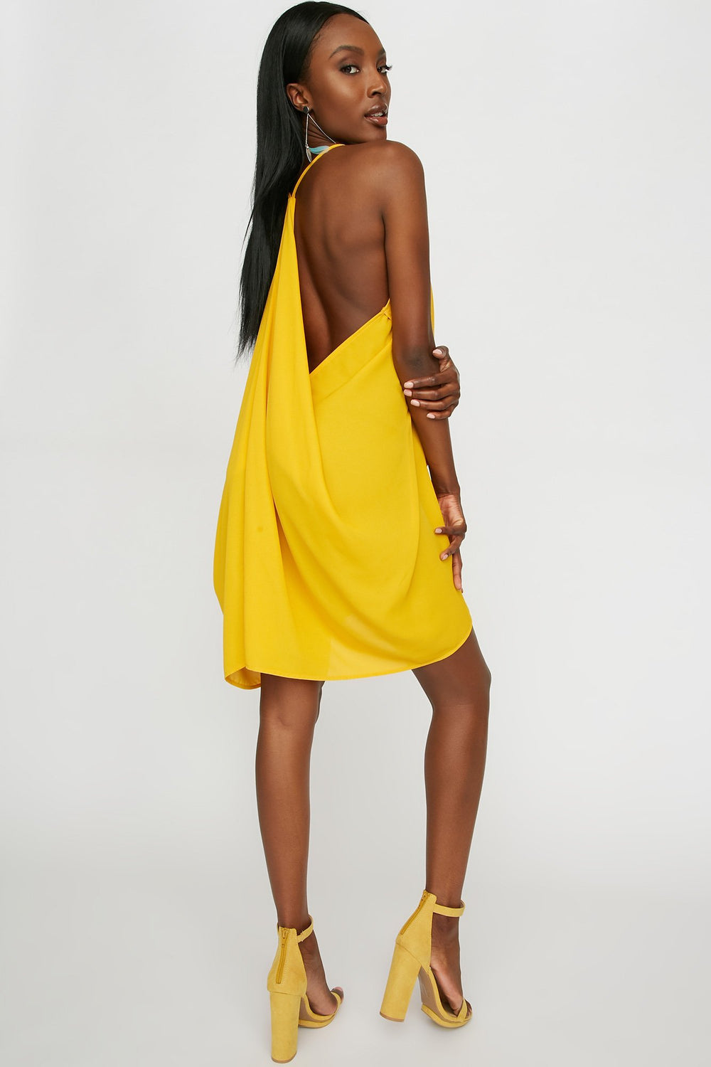 Women V-Neck Ruffle Drape Mini Dress Yellow